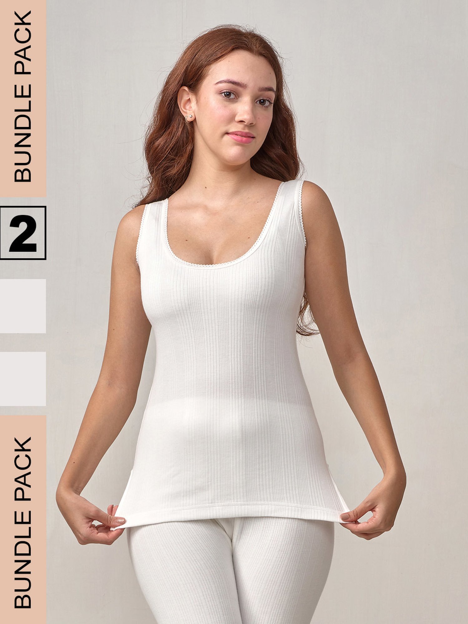 LUX Inferno Off-White Striped Thermal Tank Top - Pack Of 2