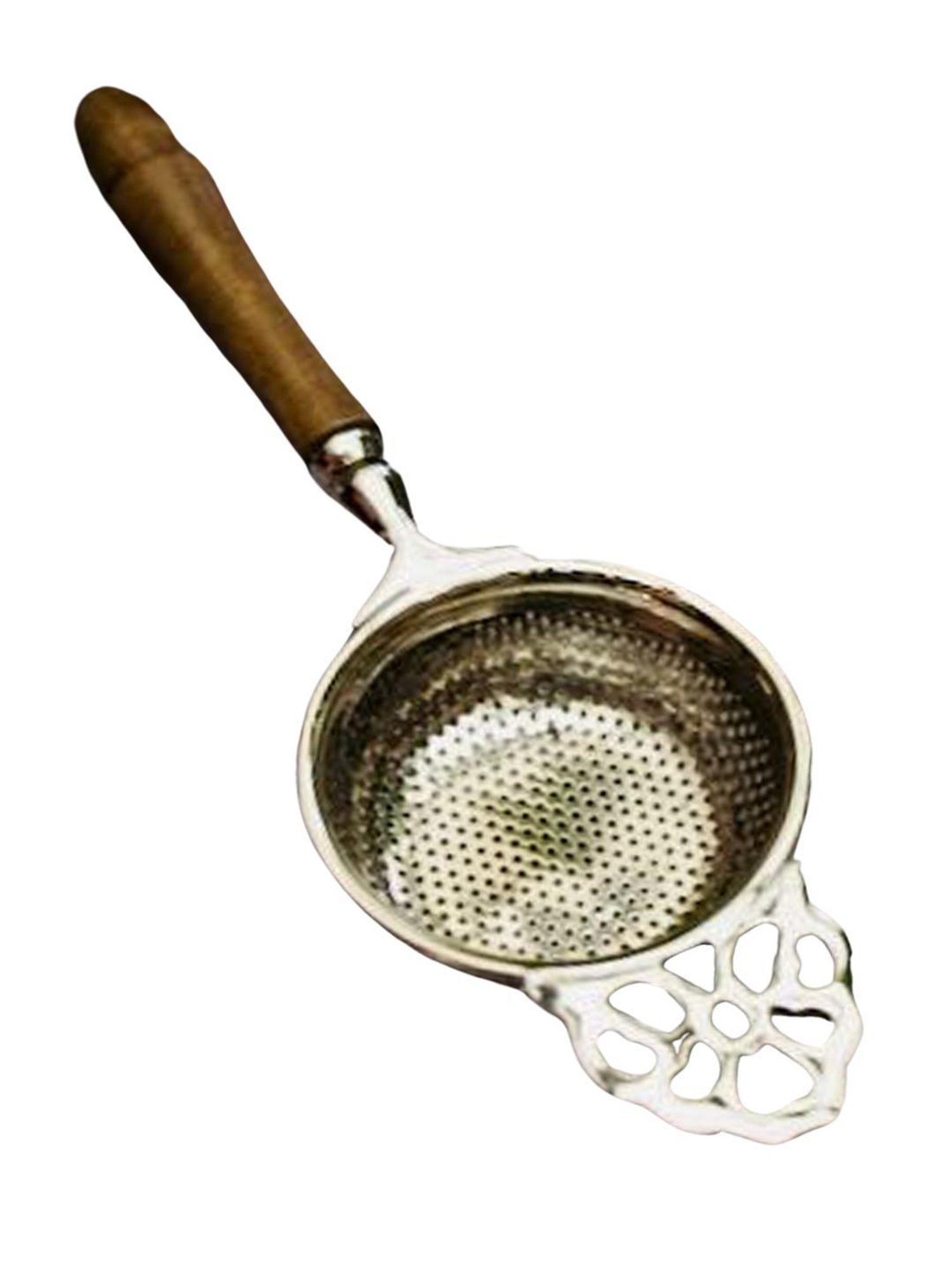 Ambi Pure Brass Punched Flower Medium Sized Tea Strainer - Steel Matte Finish With Wooden Handle