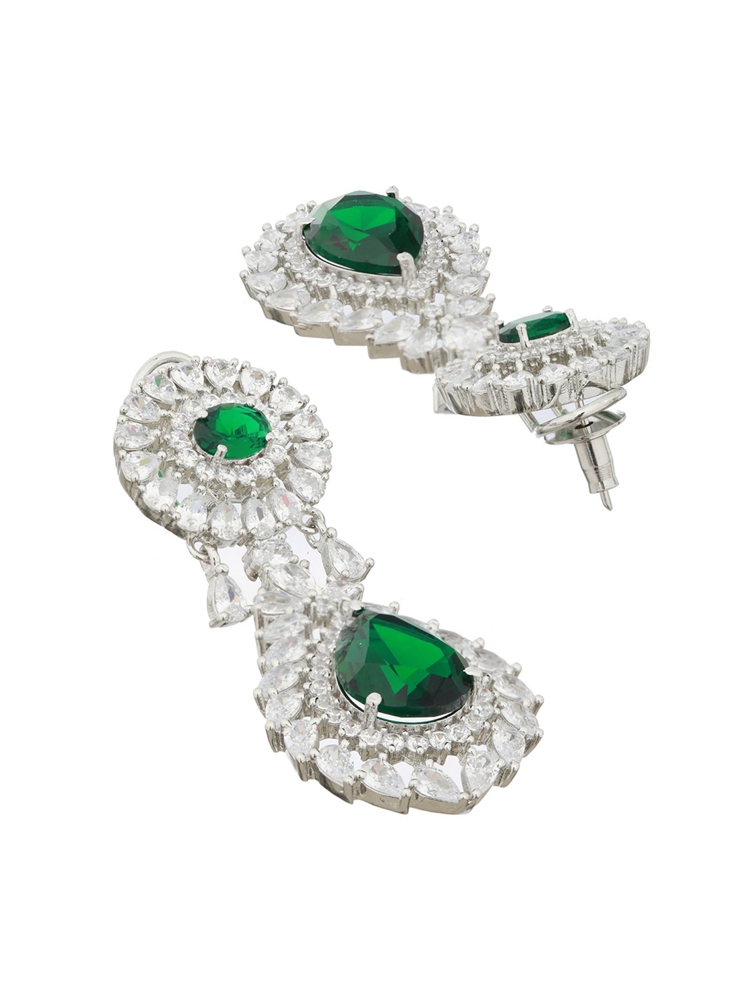 Saraf RS Jewellery Silver Green AD Studded Drop Earrings