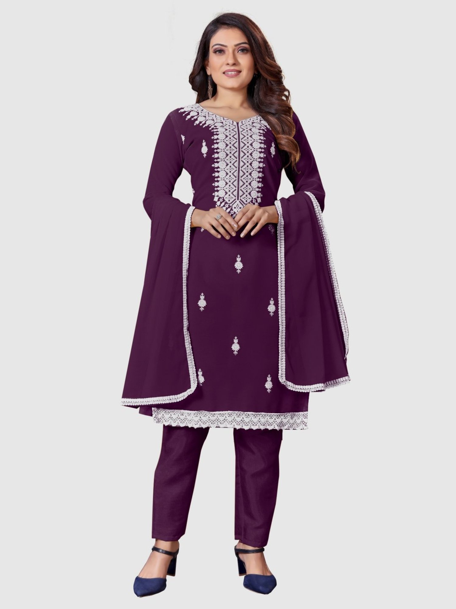 APNISHA Purple Embroidered Unstitched Dress Material