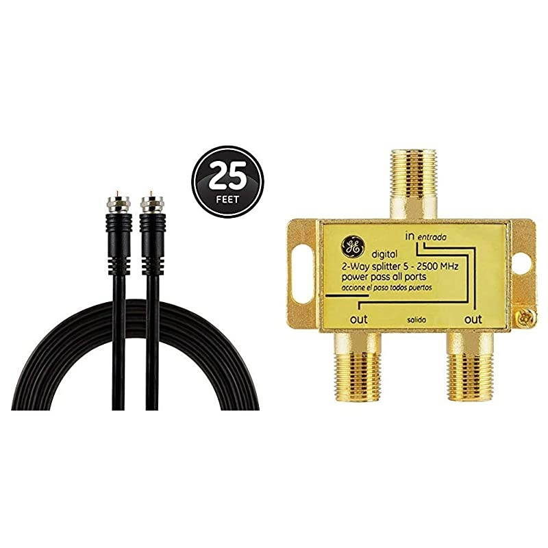RG6 Coaxial Cable 25 Ft FType Connectors Double Shielded Coax Input Output Low Loss Coax Black Digital 2Way Coaxial Cable Splitter 25 GHz 52500 MHz RG6 Compatible 33526