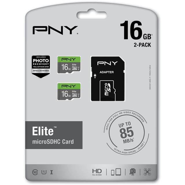 PNY Technologies Elite 16GB microSDHC UHS-1 U1 Class 10 Memory Card, 2 Pack