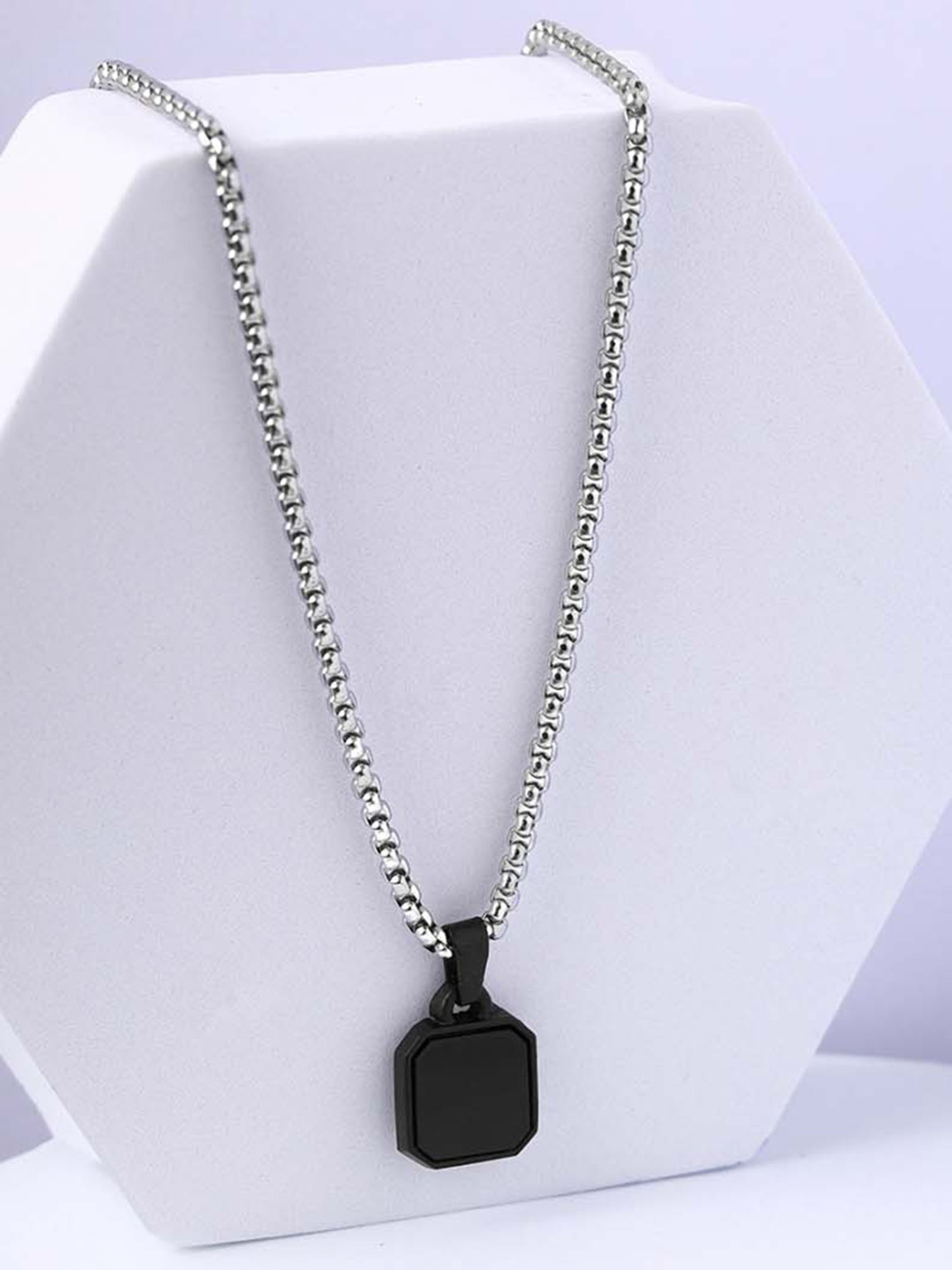Bold By Priyaasi Men's Stylish Silver-Plated Chain with Black Square Pendant