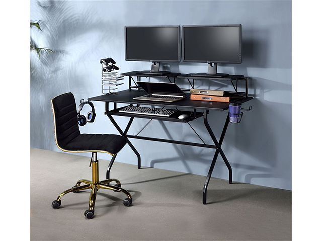 47" Gaming Desk, PC Computer Desk, Home Office Desk with Cup Holder & Headphone Hook, PC E-Sports Gaming Workstation Gamer Tables Writing Table with 2 PC Stand Shelf Keyboard Stand, Black, GT100