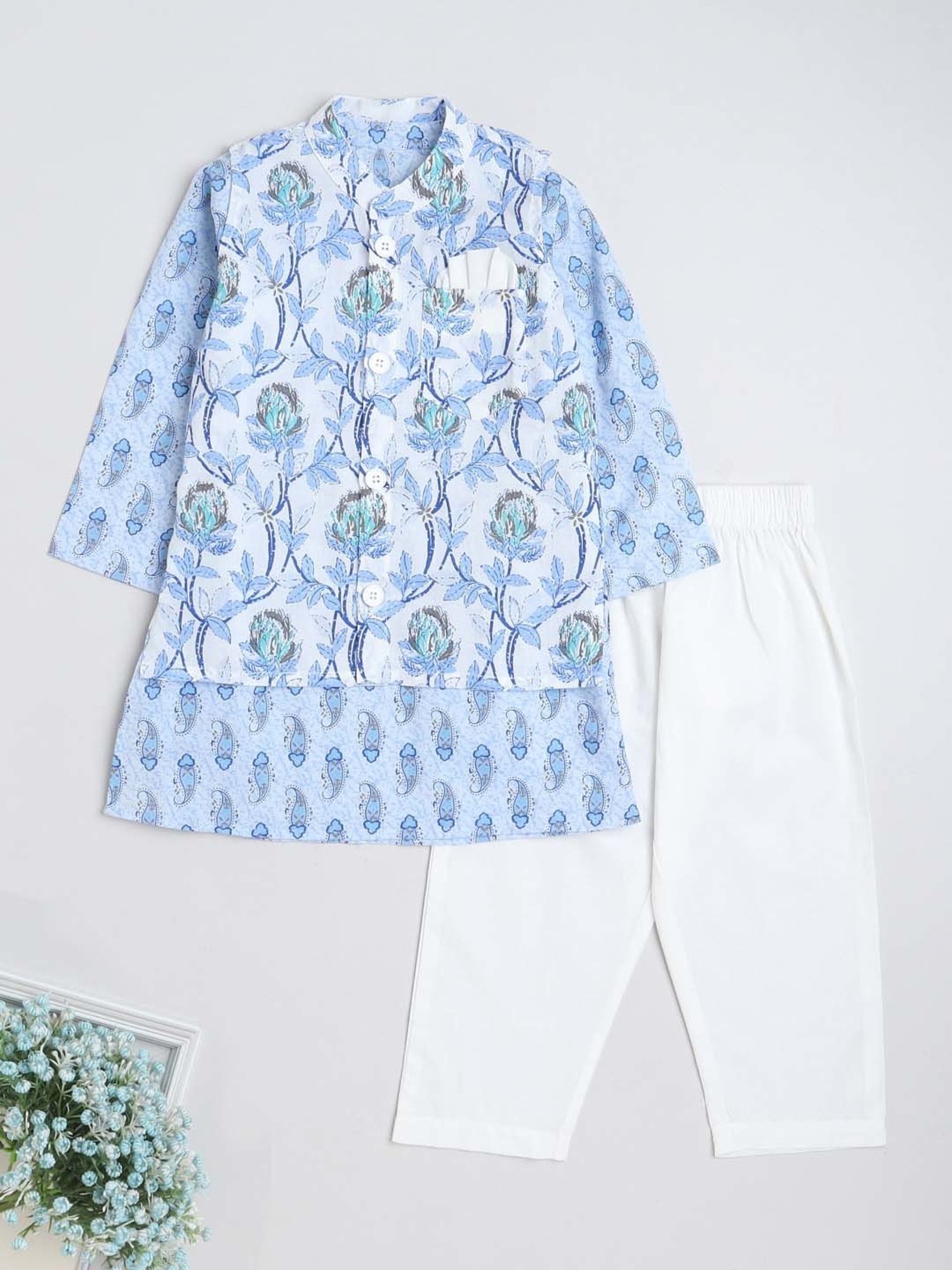The Magic Wand Kids Blue & White Cotton Floral Print Full Sleeves Kurta Set