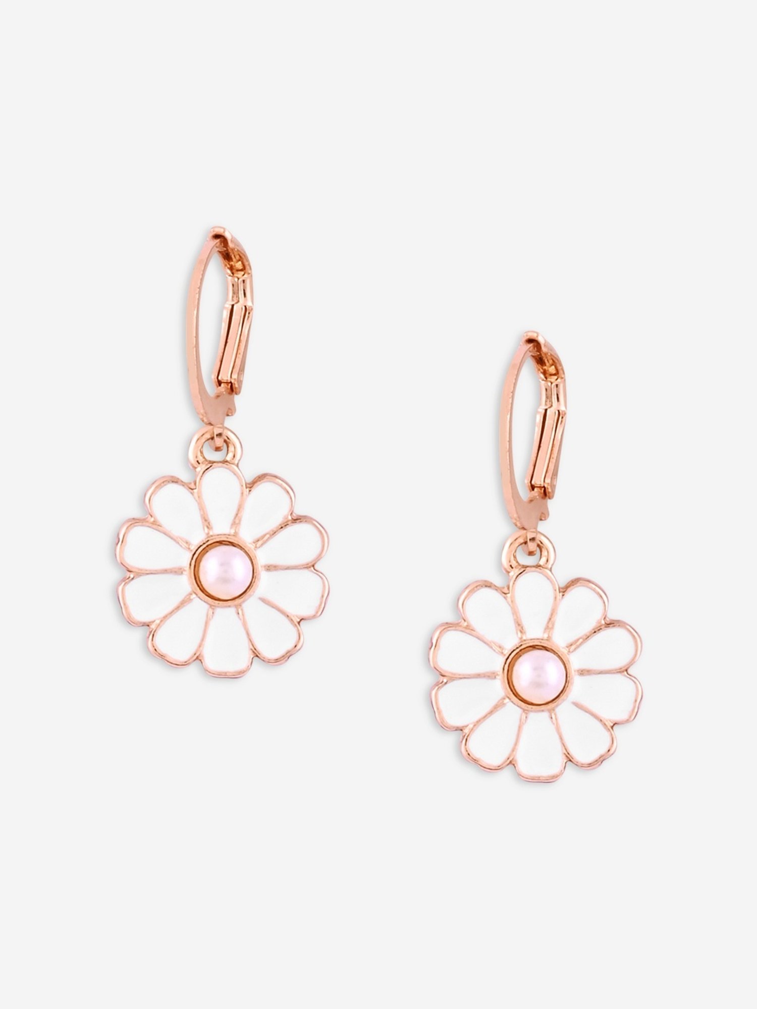 Toniq Gold Floral White Enamel Drop Earrings