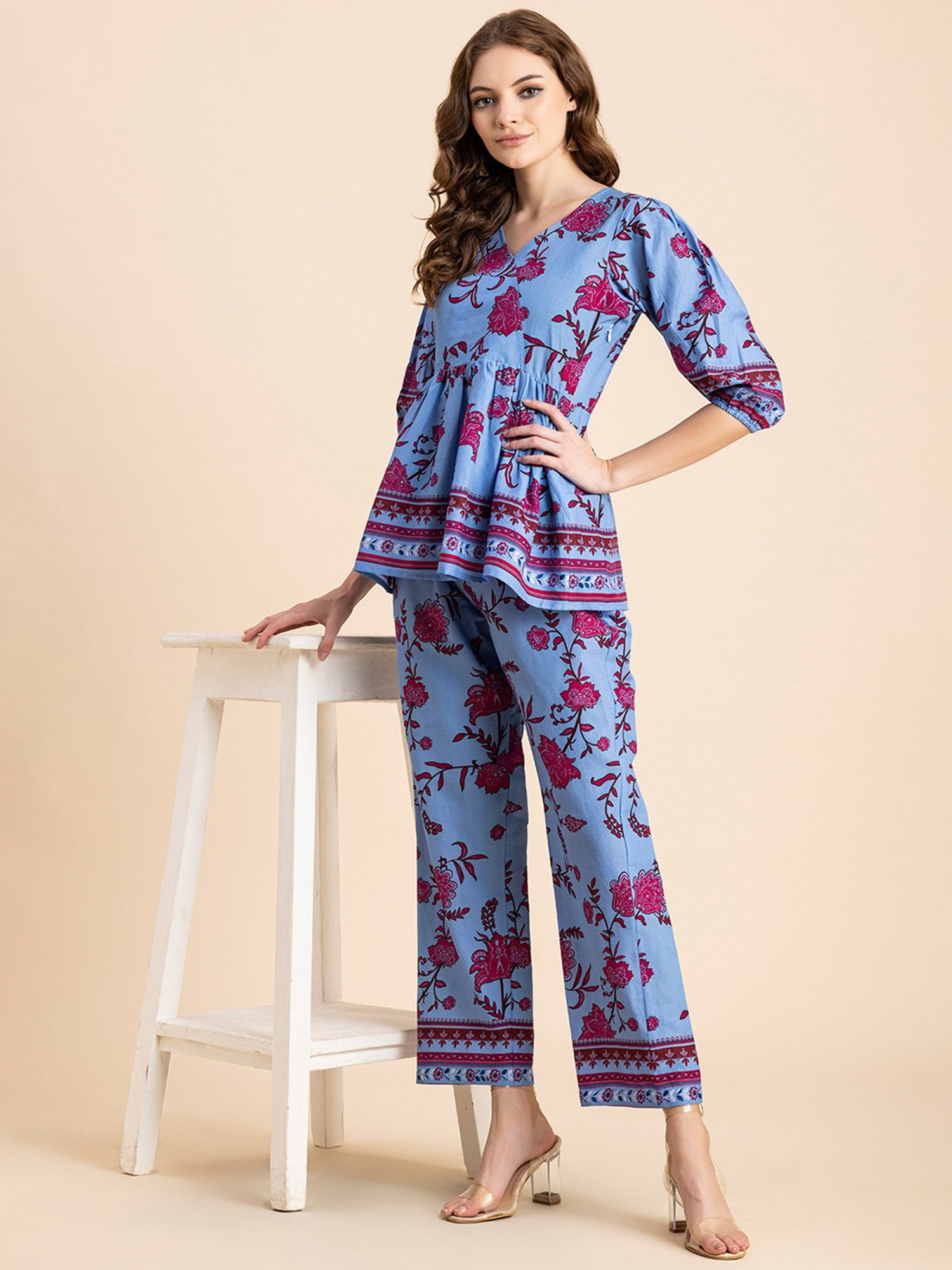Moomaya Blue & Pink Cotton Floral Print Top With Pants