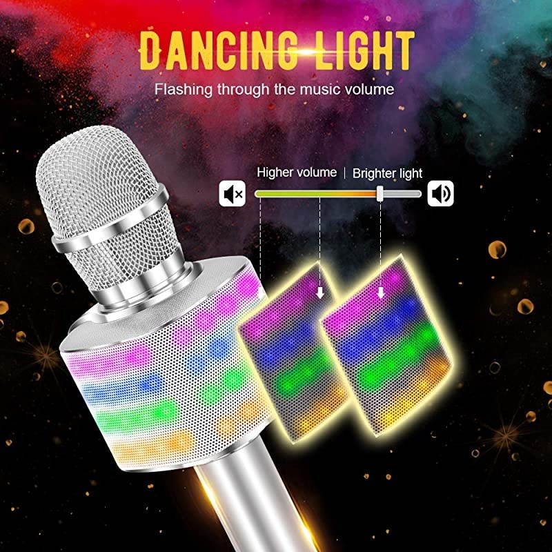 Wireless Bluetooth Karaoke Microphone with controllable LED Lights, 4 in 1 Portable Karaoke Machine Mic Speaker Birthday Home Party for All Smartphones PC(Q36 Silver)