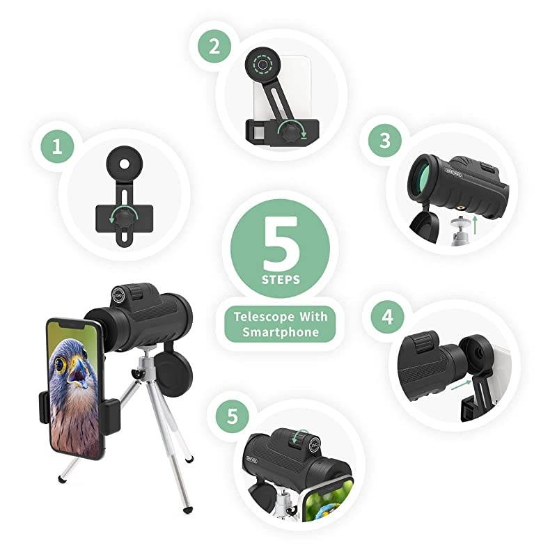 Telescope 10x42 High Definition with Smartphone Adapter Tripod Waterproof Fog Proof Pocket Scope for Adults and Kids FMC BAK4 Prism for Bird Watching Travelling Hunting