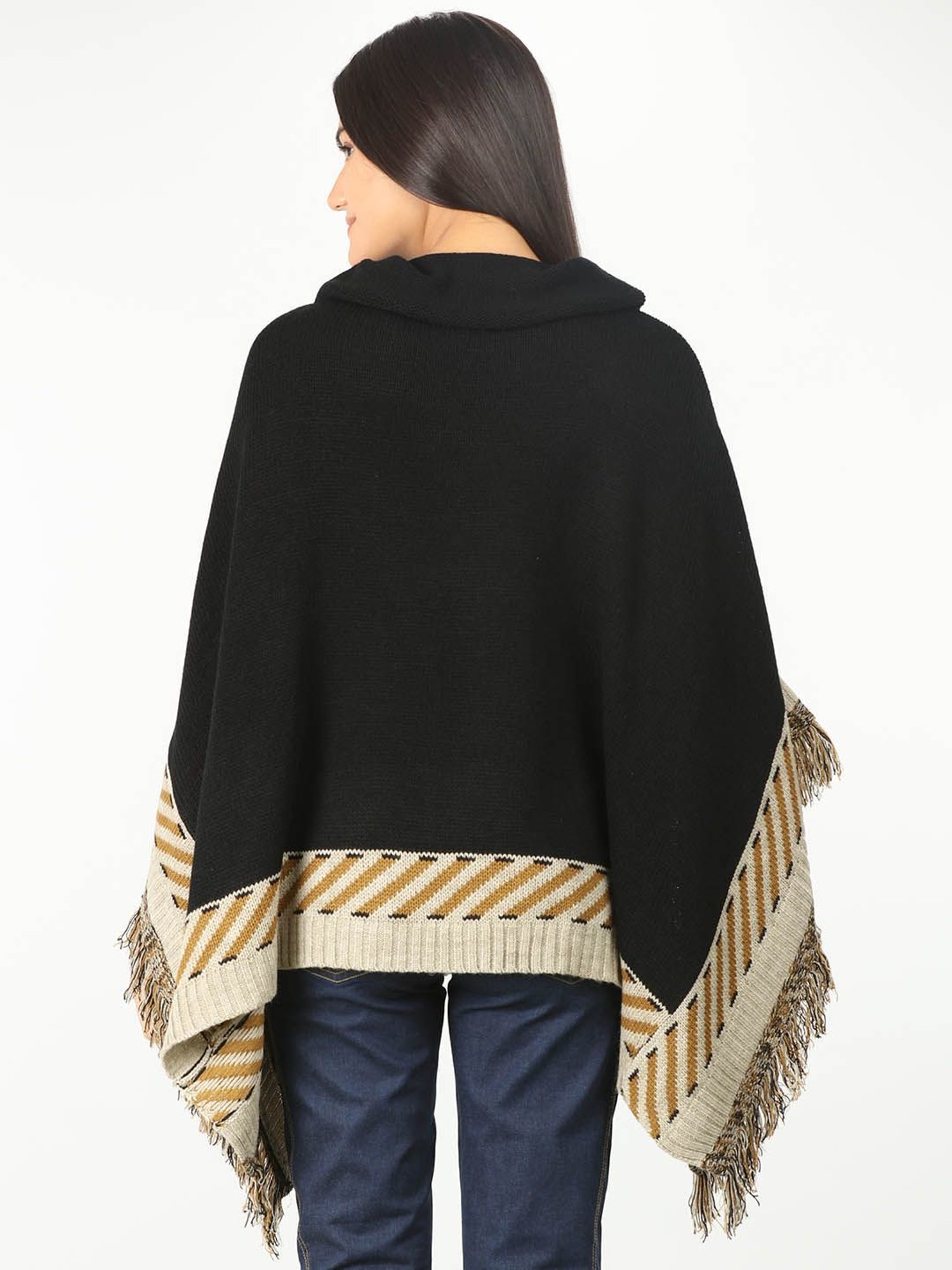 Mustard Black Regular Fit Poncho