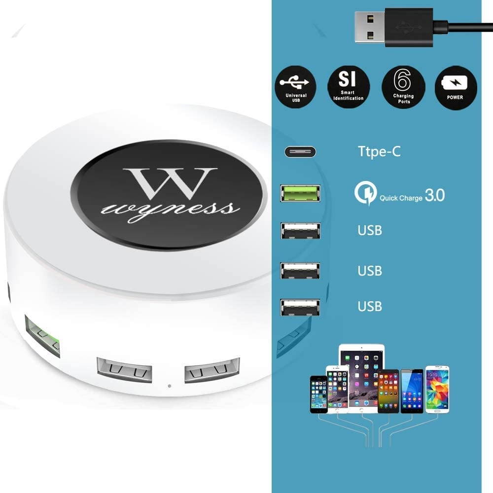 6-Port USB Charger Desktop Charging Station(Type-C Quick Charge 3.0 and 4 USB Ports)PowerPort 6 Multi USB Charger Hub for Smartphone Tablet Headset Bluetooth Speaker and More White