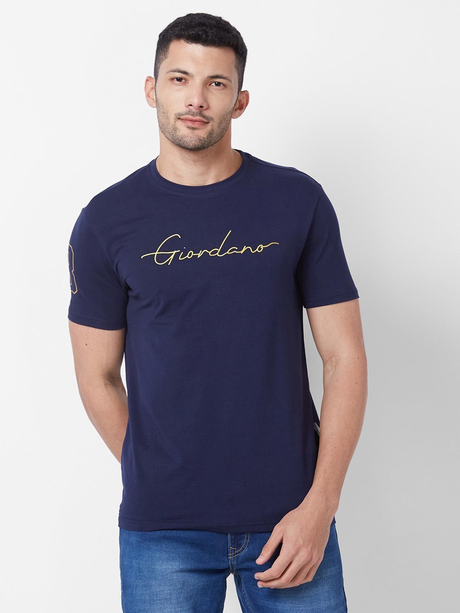 Giordano Navy Cotton Slim Fit Printed T-Shirt