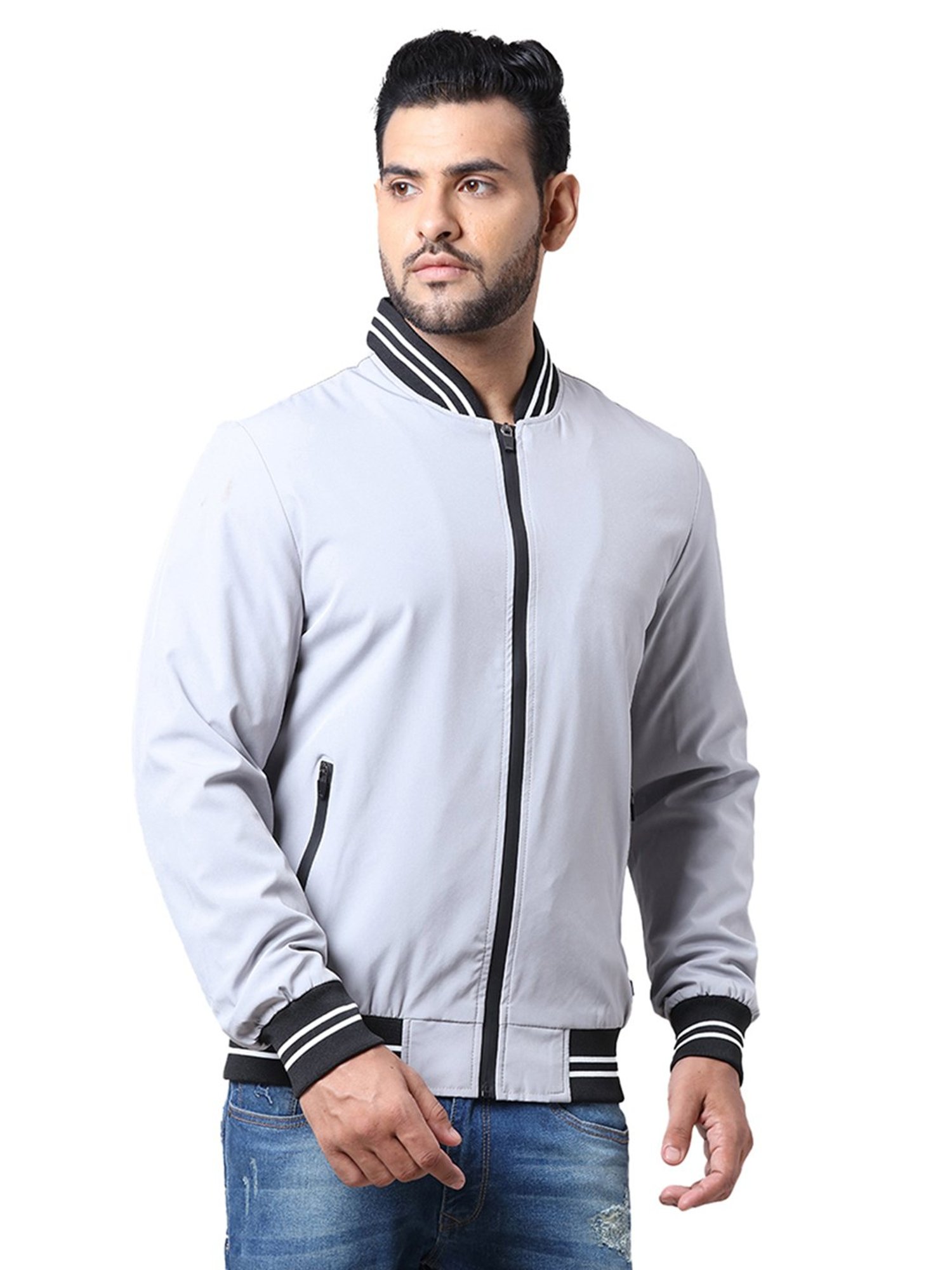 Parx Light Grey Full Sleeves Mandarin Collar Jacket