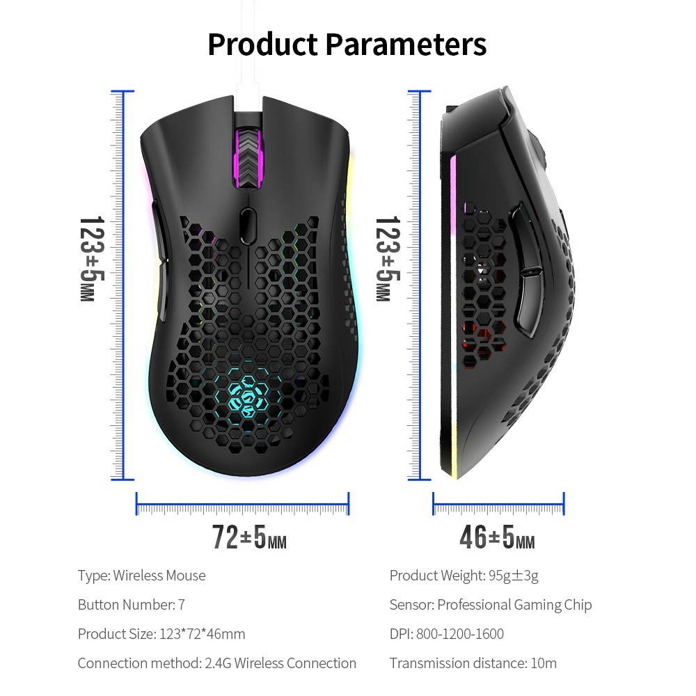 2.4G Wireless Gaming Mouse Rechargeable Mouse with RGB Light Effect 3 Adjustable DPI Hollowed-out Honeycomb Design