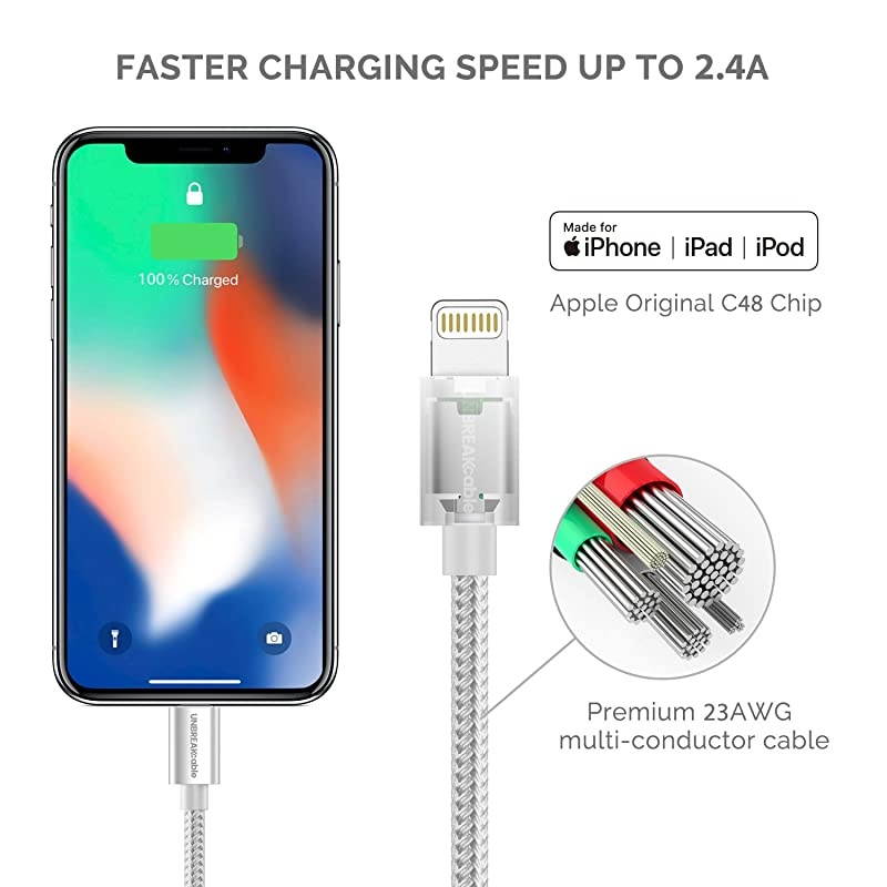 iPhone Charger Cable 2M66ft Apple MFi Certified Nylon Braided USB to Lightning Fast Charging Cord Compatible with iPhone 1111 Pro11 Pro MaxXXSXS MaxSE 2020 iPad iPodSilver