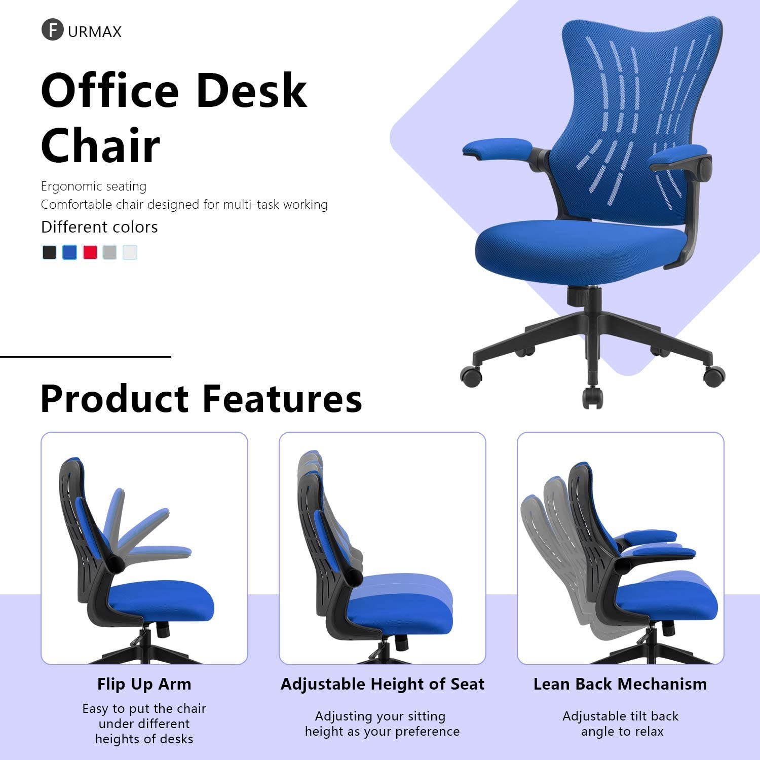 Furmax Office Desk Chair with Flip Up Arms, Mesh Mid Back Computer Chair Swivel Task Chair with Ergonomic Lumbar Support (White)