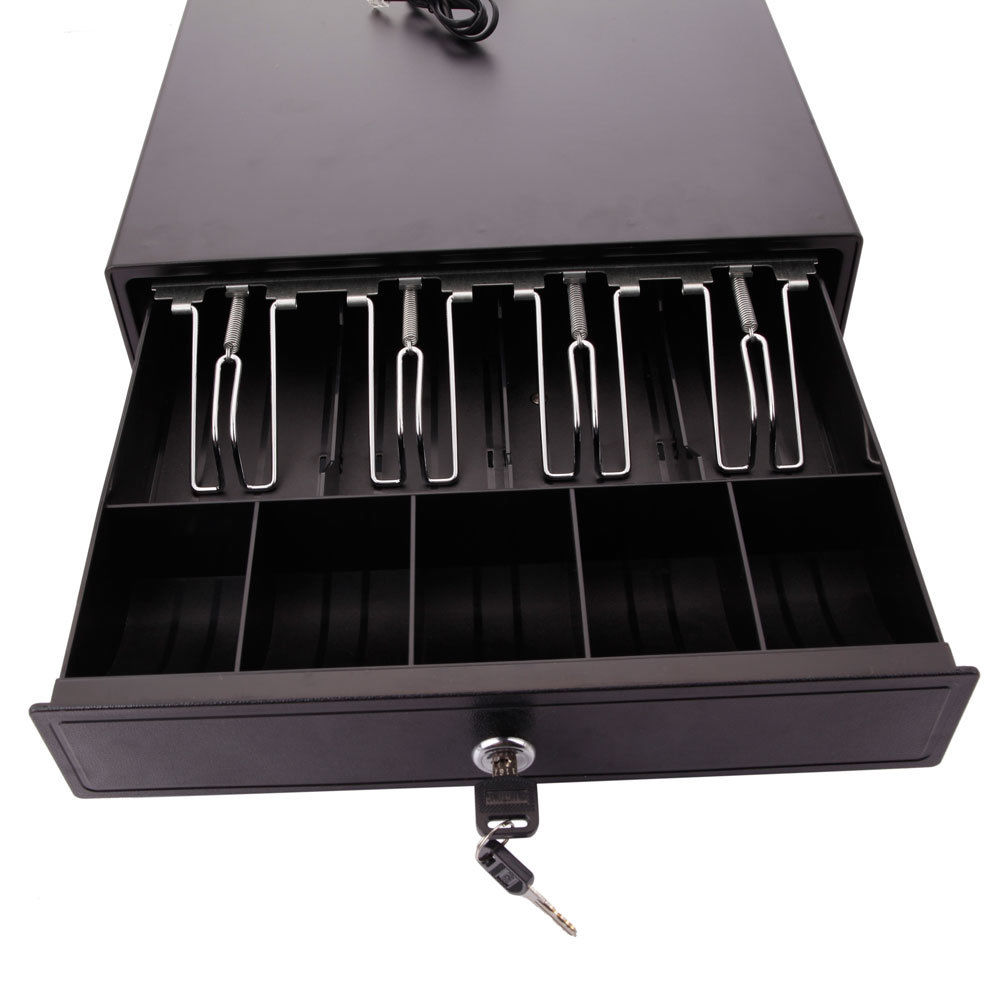 Black Cash Drawer 4Bill & 5Coin Stainless Steel Cash Box + RJ11 Cable for Shop