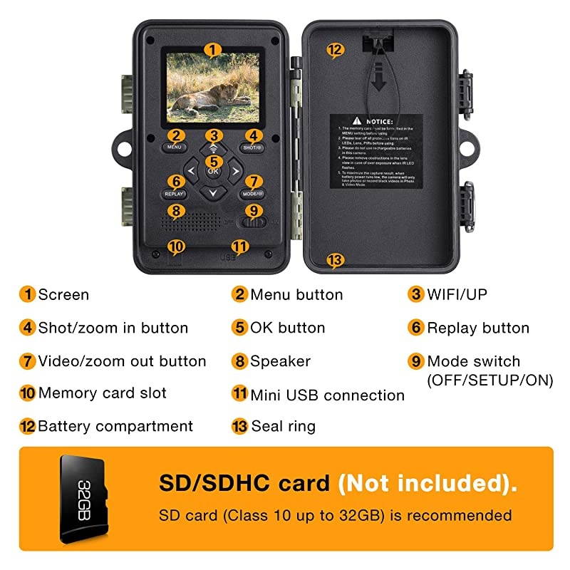 Trail CameraWiFi 20MP 1296P Hunting Game Camera with Night Vision Motion Activated for Outdoor Wildlife Monitoring Waterproof IP66