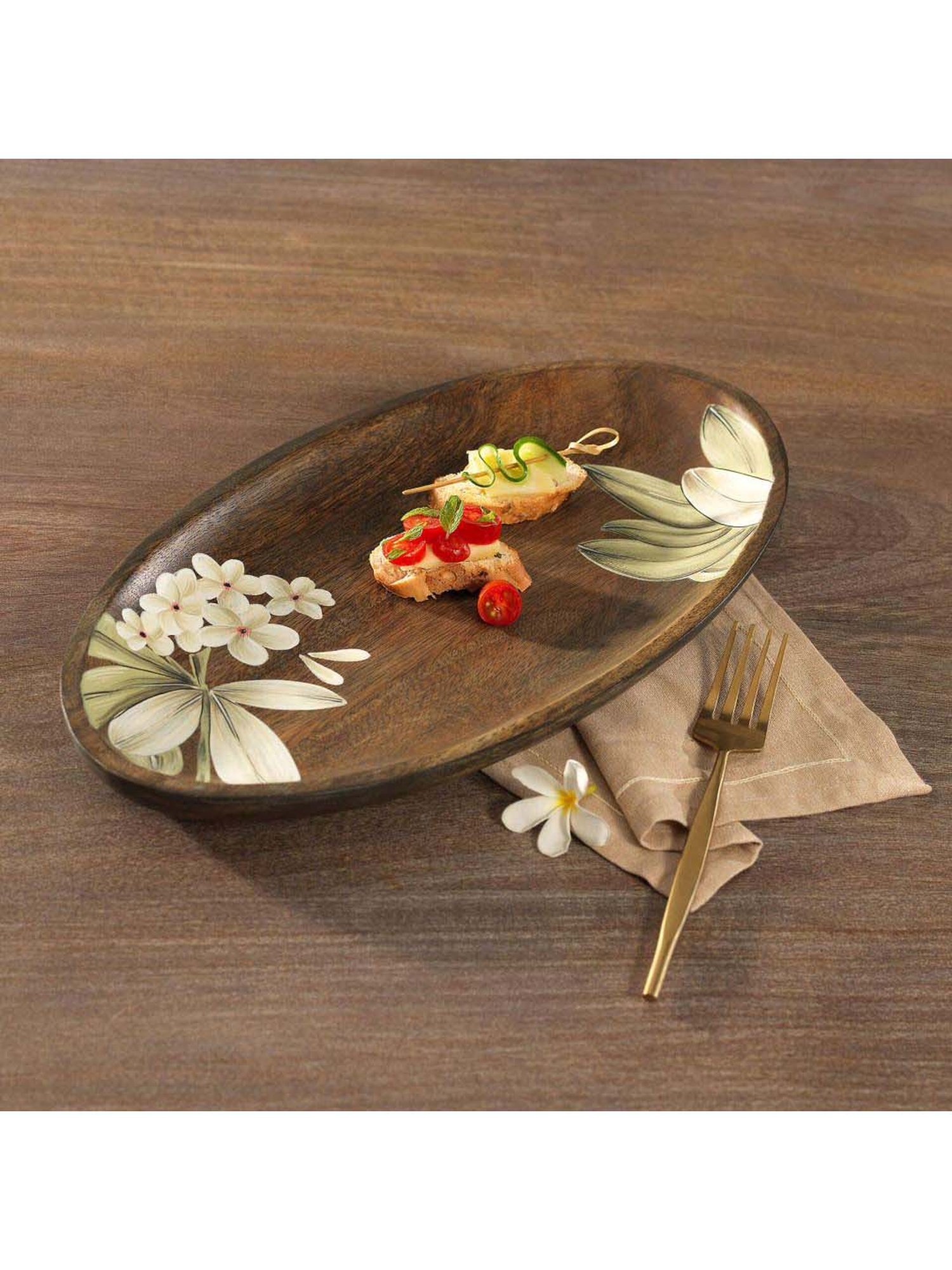 ellementry Frangipani Brown Wooden Oval Platter - Set of 1