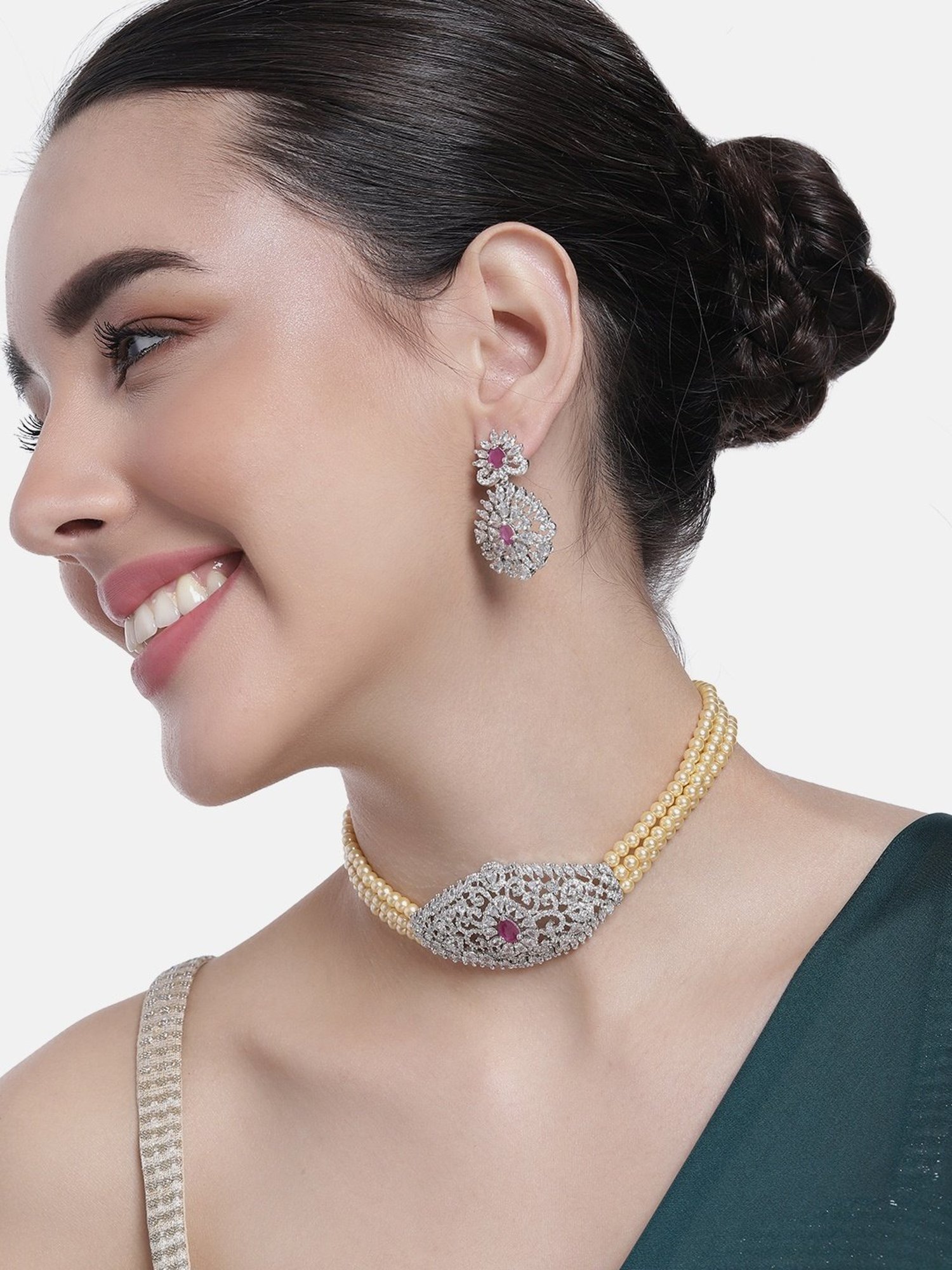 Estele Rhodium-Plated CZ Enchanted Pearl Choker Necklace Set for Women