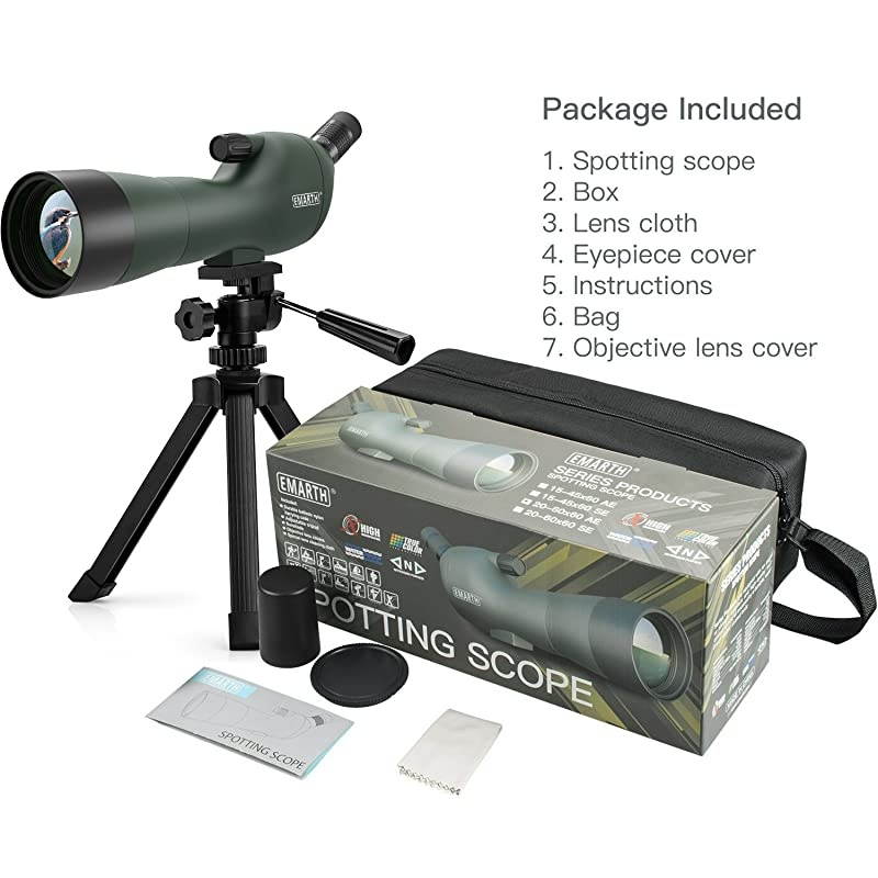 20-60x60AE Waterproof Angled Spotting Scope with Tripod, 45-Degree Angled Eyepiece, Optics Zoom 39-19m/1000m  Shooting Bird Watching Hunting Wildlife Scenery (20-60x60) Green
