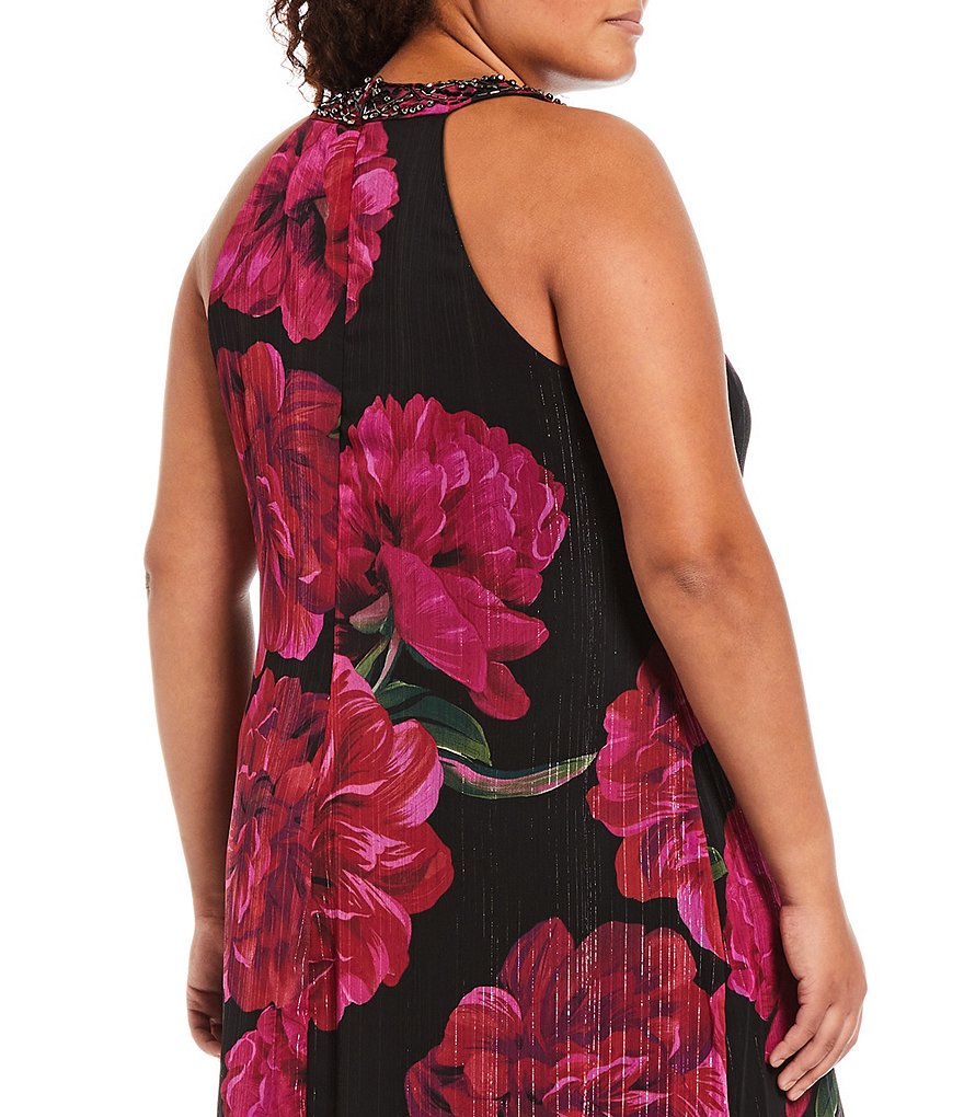 Ignite Evenings Plus Size Printed Sleeveless Cascading Front Beaded Halter Neck Gown