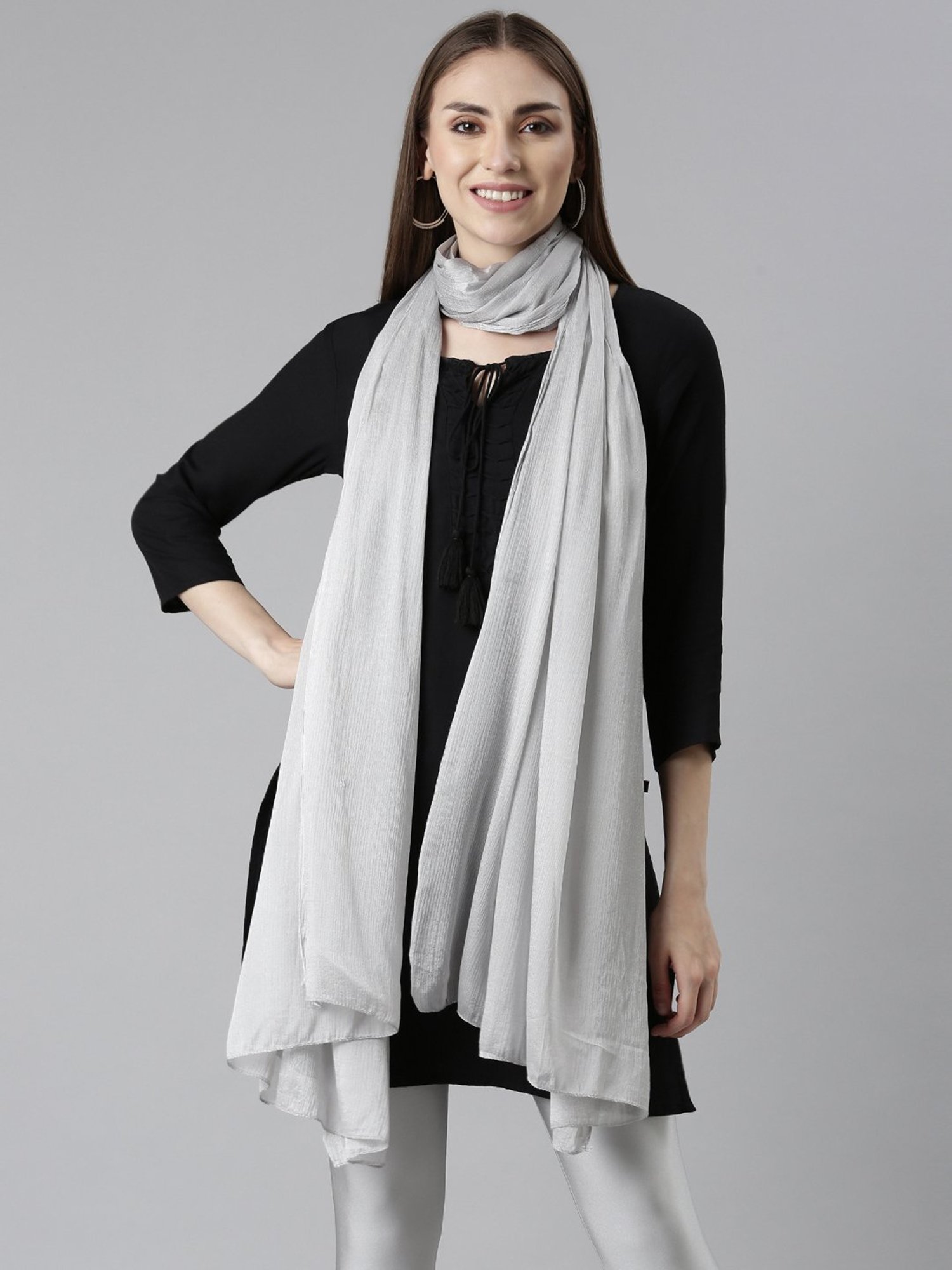 TWIN BIRDS Silver & Black Plain Dupatta - Pack Of 2