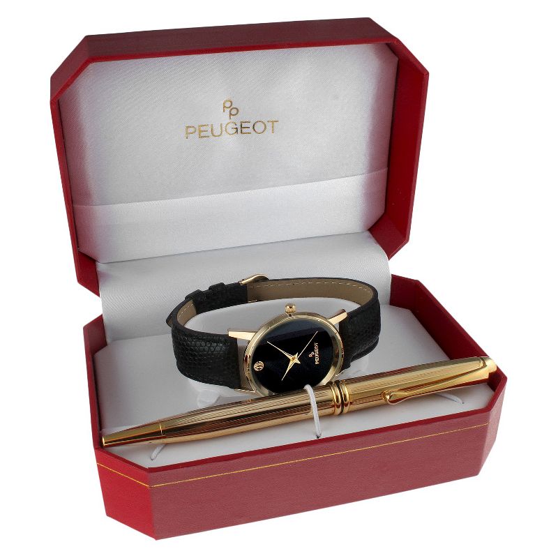 Men's Peugeot Black Leather Watch and Pen Gift Set - Black/Gold
