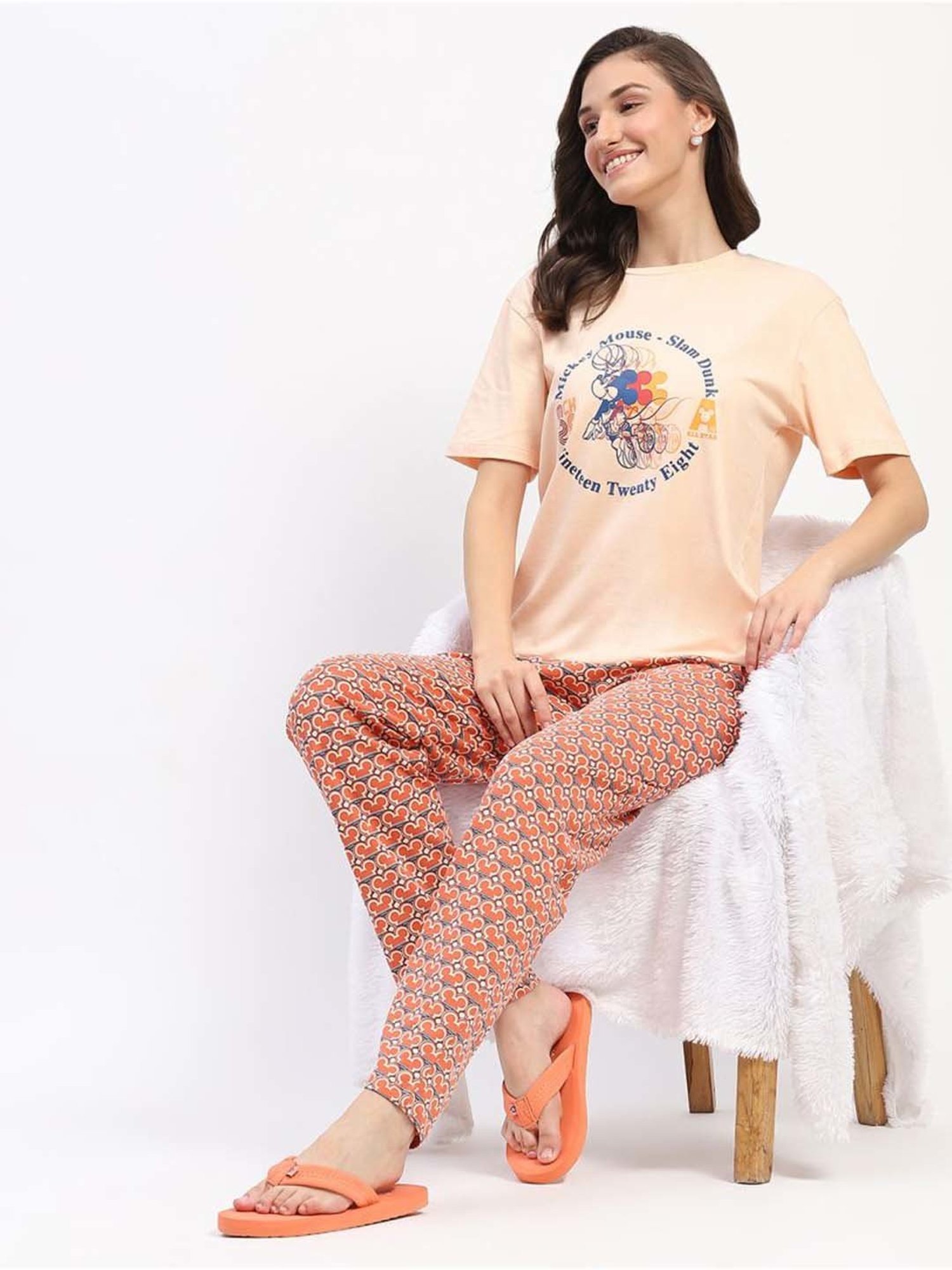 MADAME M Secret Peach Cotton Printed T-Shirt Pyjamas Set