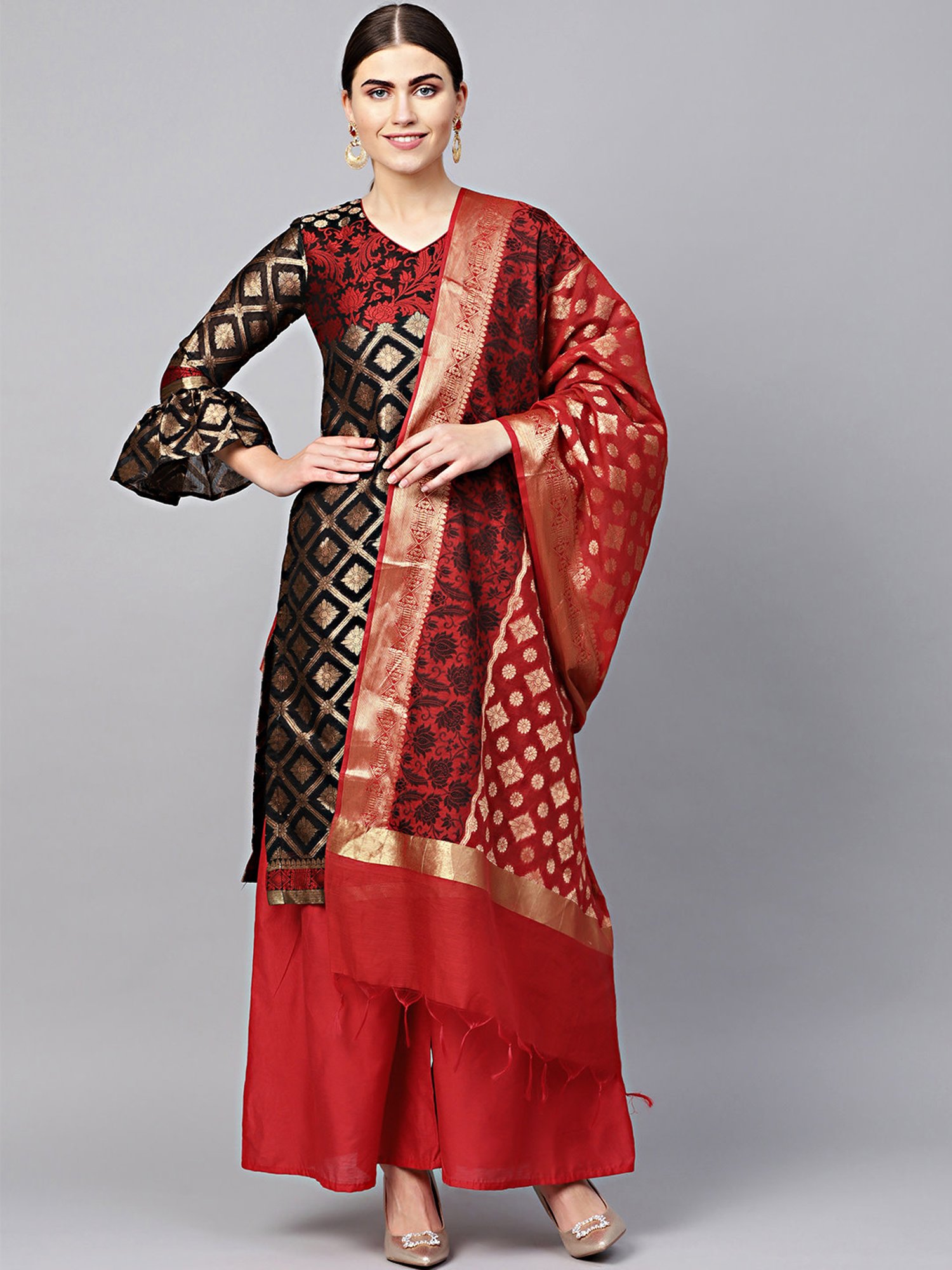 Chhabra 555 Black & Red Zari Work Kurta Palazzo Set With Dupatta