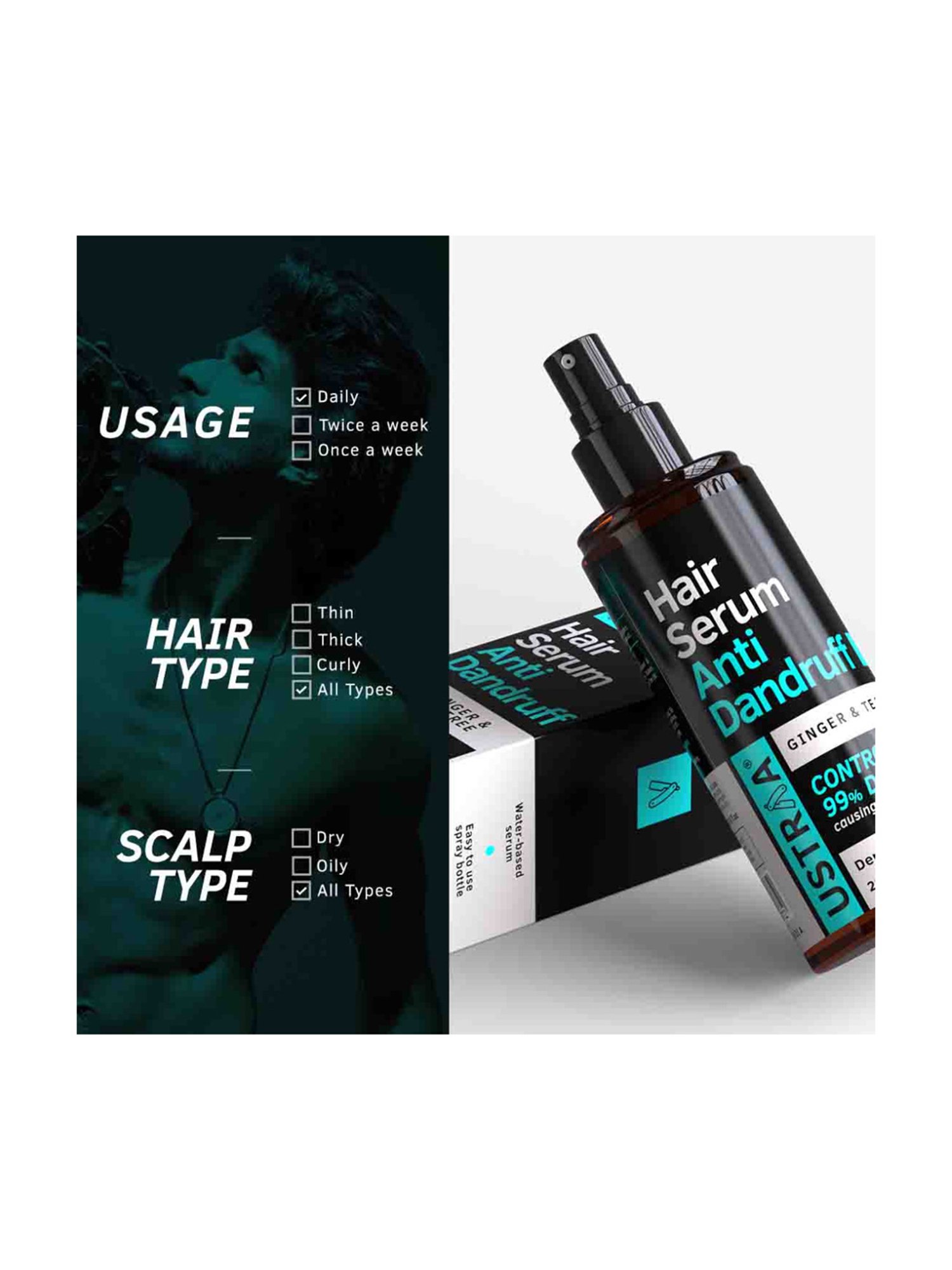 Ustraa Anti Dandruff Hair Serum - 200 ml & Face Mask Oily Skin - 125 gm