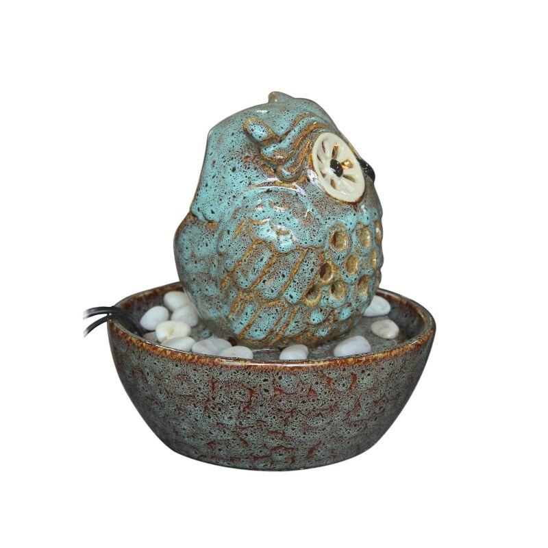 8" Ceramic Owl in Bowl Tabletop Fountain with LED Light Turquoise - Hi-Line Gift