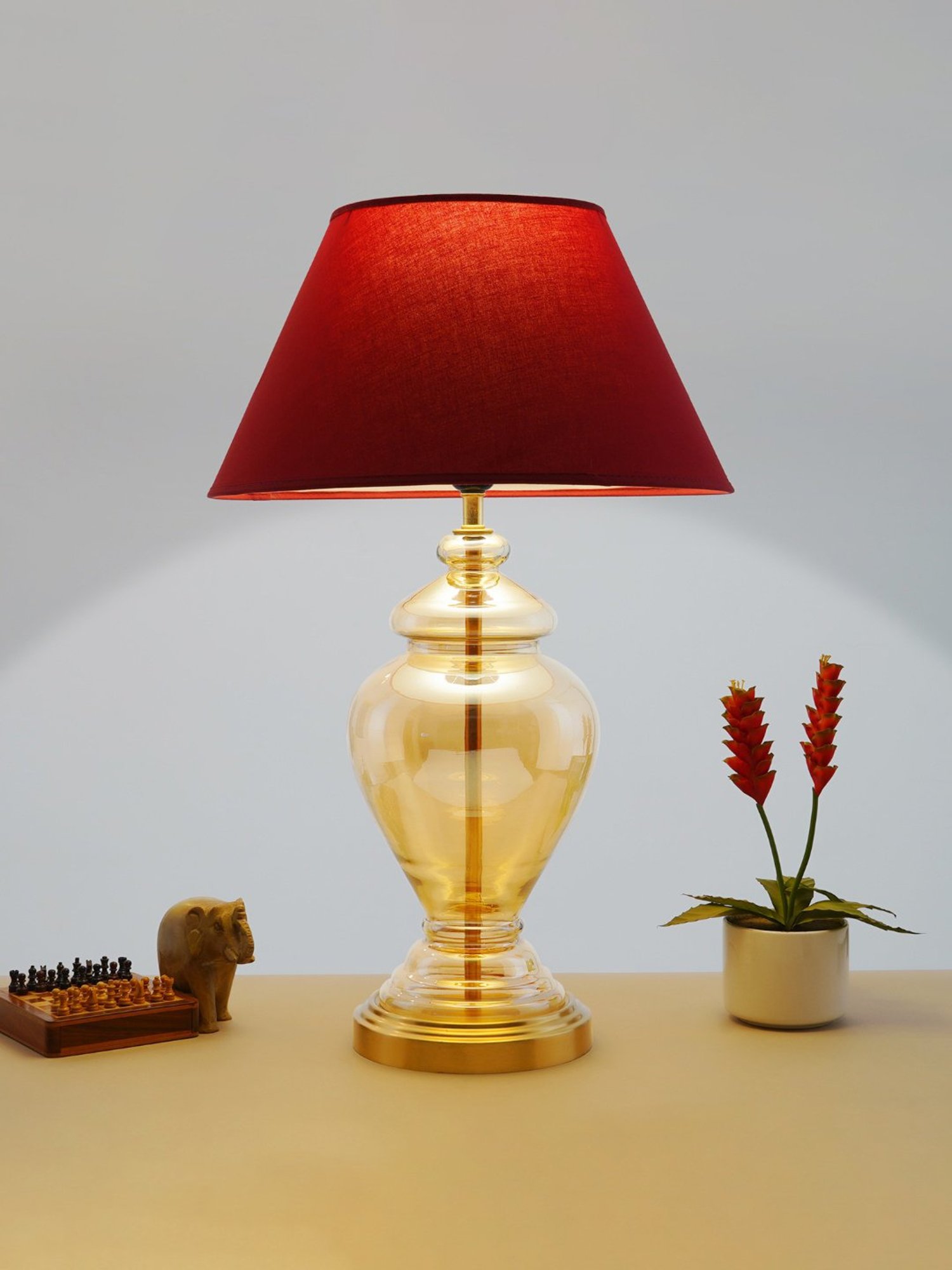 Kapoor E Illuminations Maroon & Antique Gold Glass Table Lamp - Set of 1