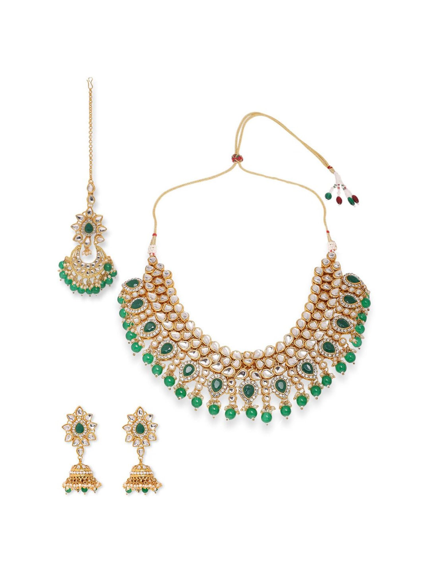 OOMPH Green Stone Kundan & Pearls Necklace Set with Drop Jhumka Earrings & Maangtikka