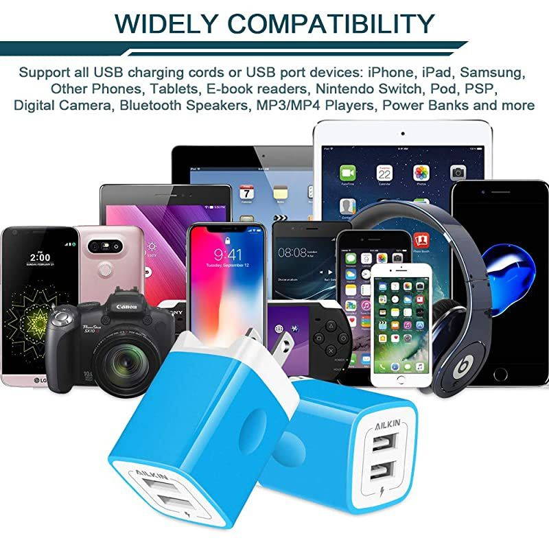 Foldable Charger Block, Dual USB Plug in Wall Charger, Travel Charger Adapter Fast Charging Box Double USB Cube Ports for Pad, Phone XS XR MAX 8 Plus, LG, Pixel, Fire, Blue, Headphone-Blue