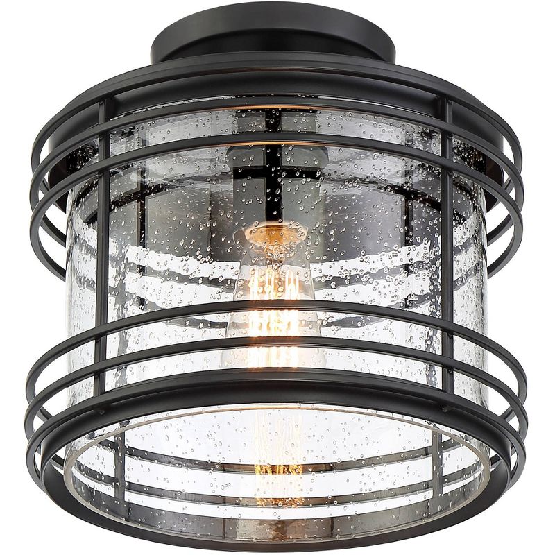 Possini Euro Design Modern Outdoor Ceiling Light Fixture Black Geometric 11" Clear Seedy Glass for Exterior House Porch Patio Deck