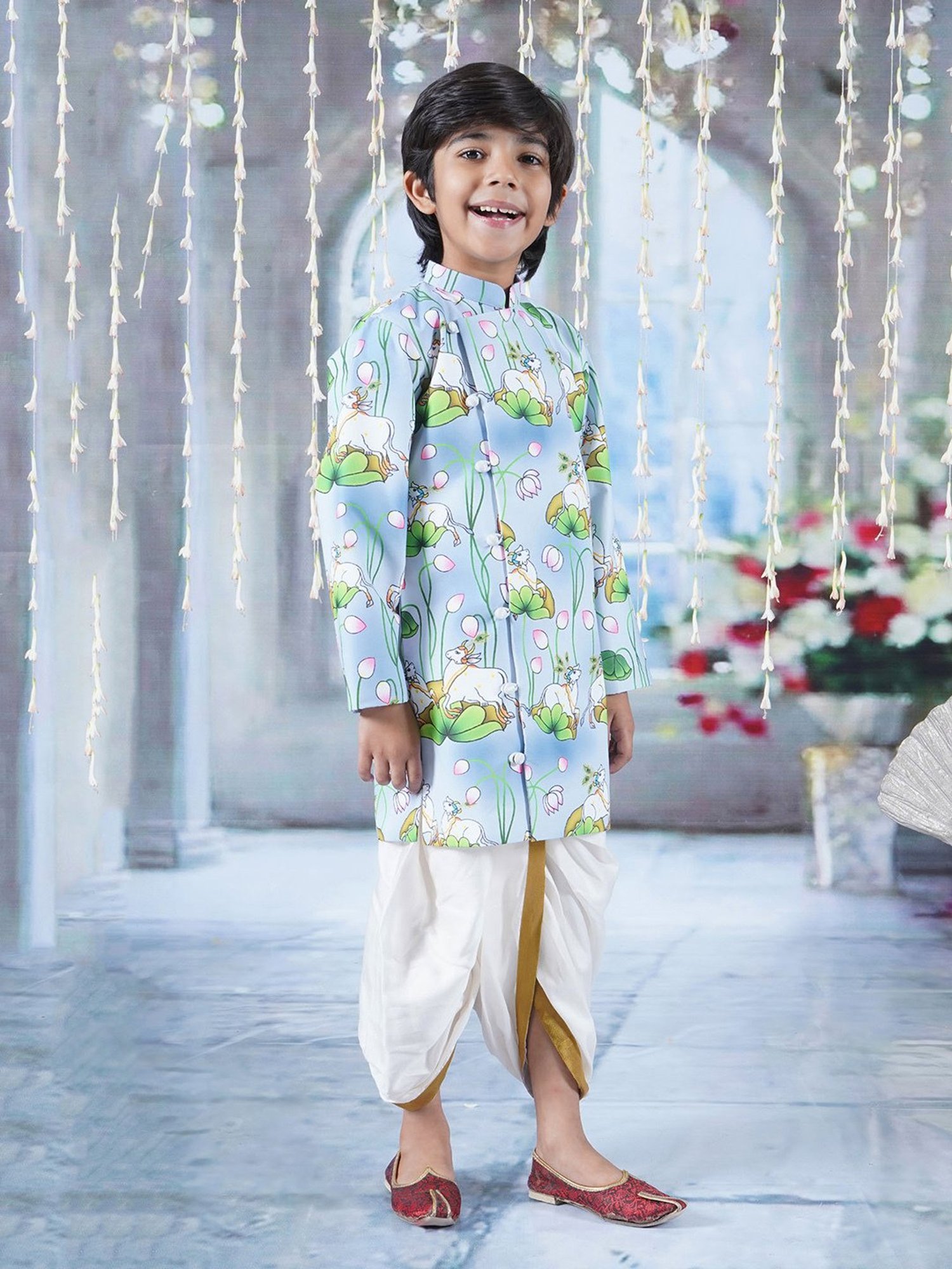 Little Bansi Kids Blue & White Printed Full Sleeves Sherwani with Dhoti