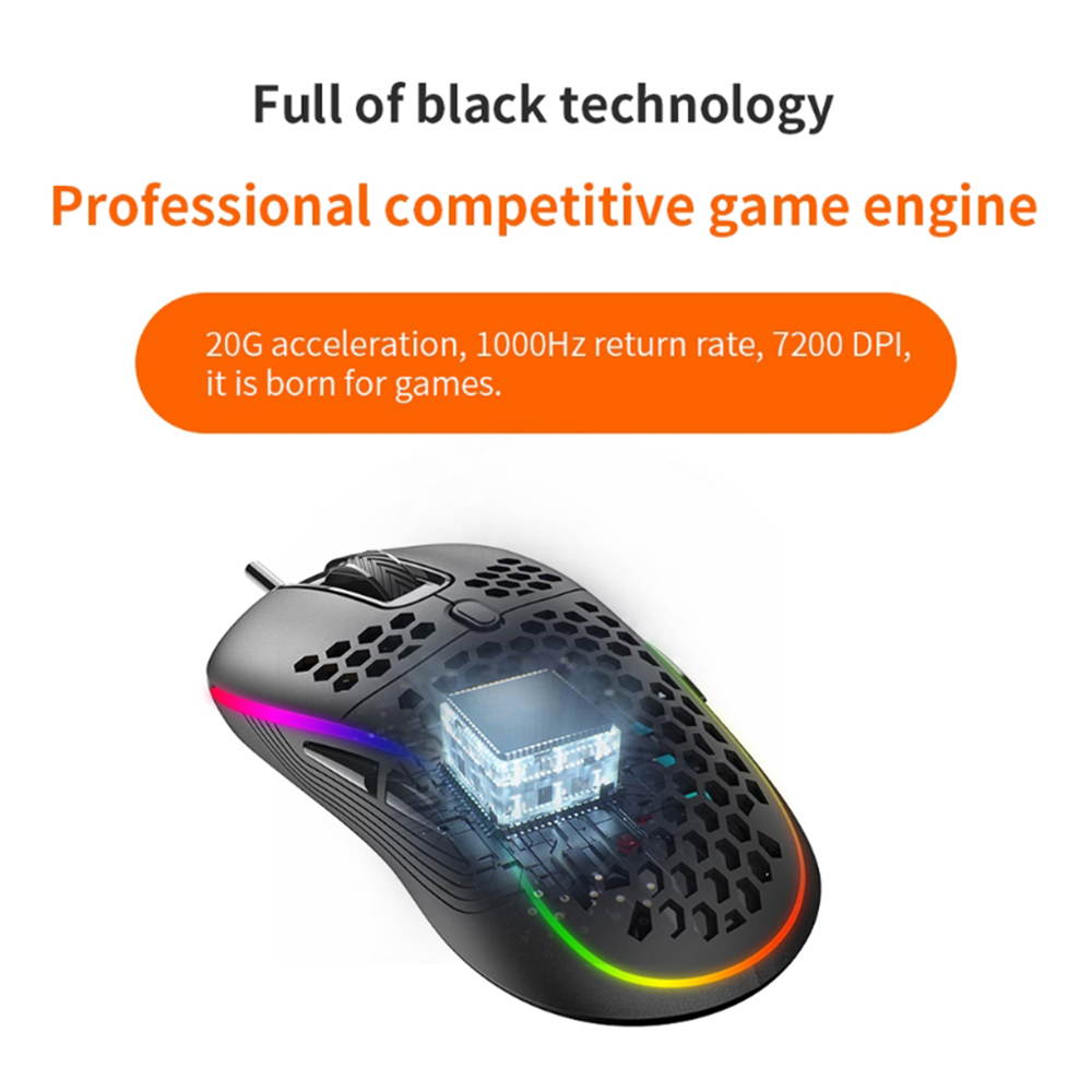 Hollow Out RGB Gaming Mouse Wired, 60g Ultra-Lightweight Honeycomb Computer Gaming Mice, with 6 Function Buttons,7 Backlight ,7200 Adjustable DPI for Windows PC & Laptop Gamers
