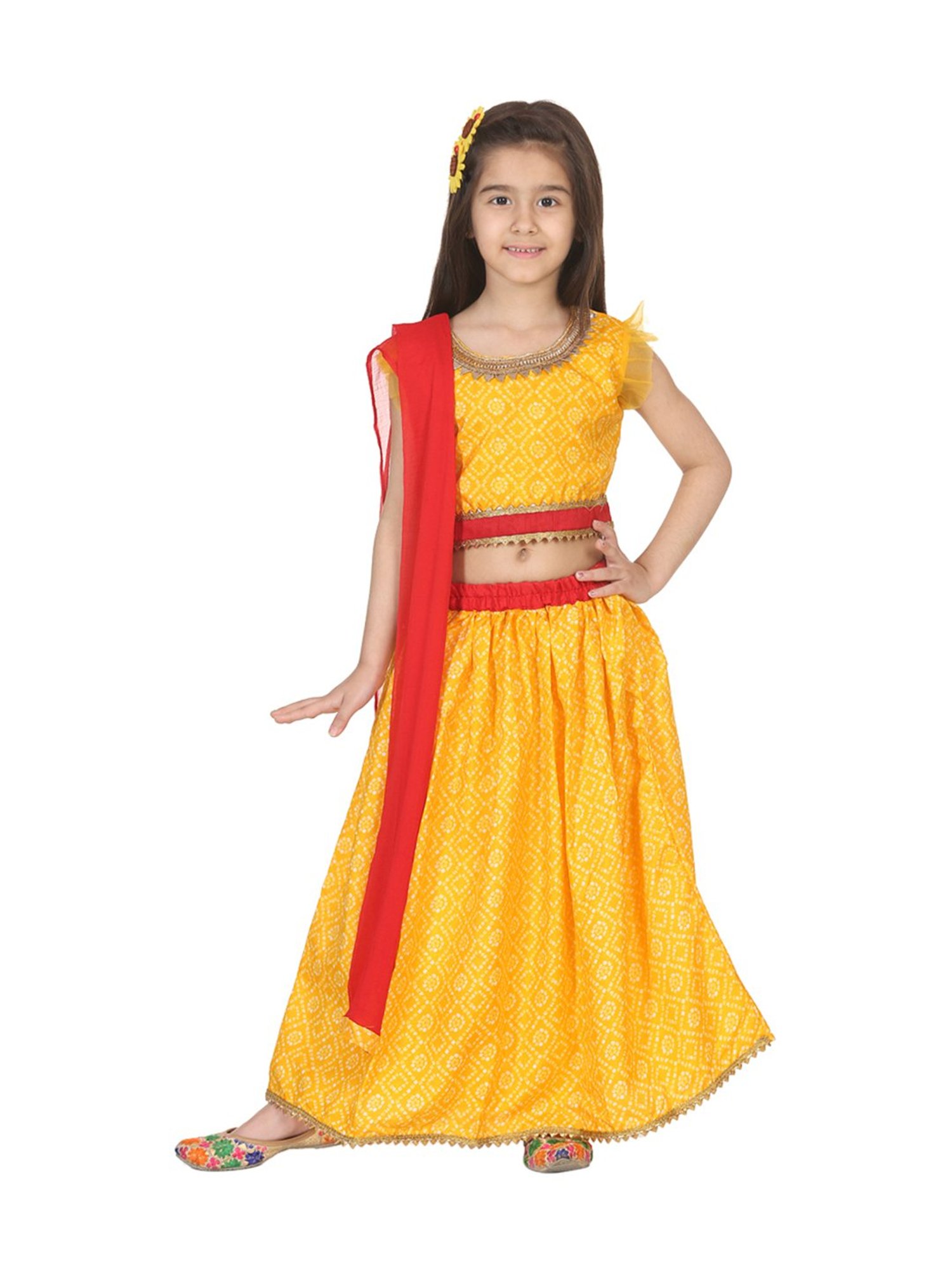 BownBee Kids Yellow Printed Lehenga Choli With Dupatta