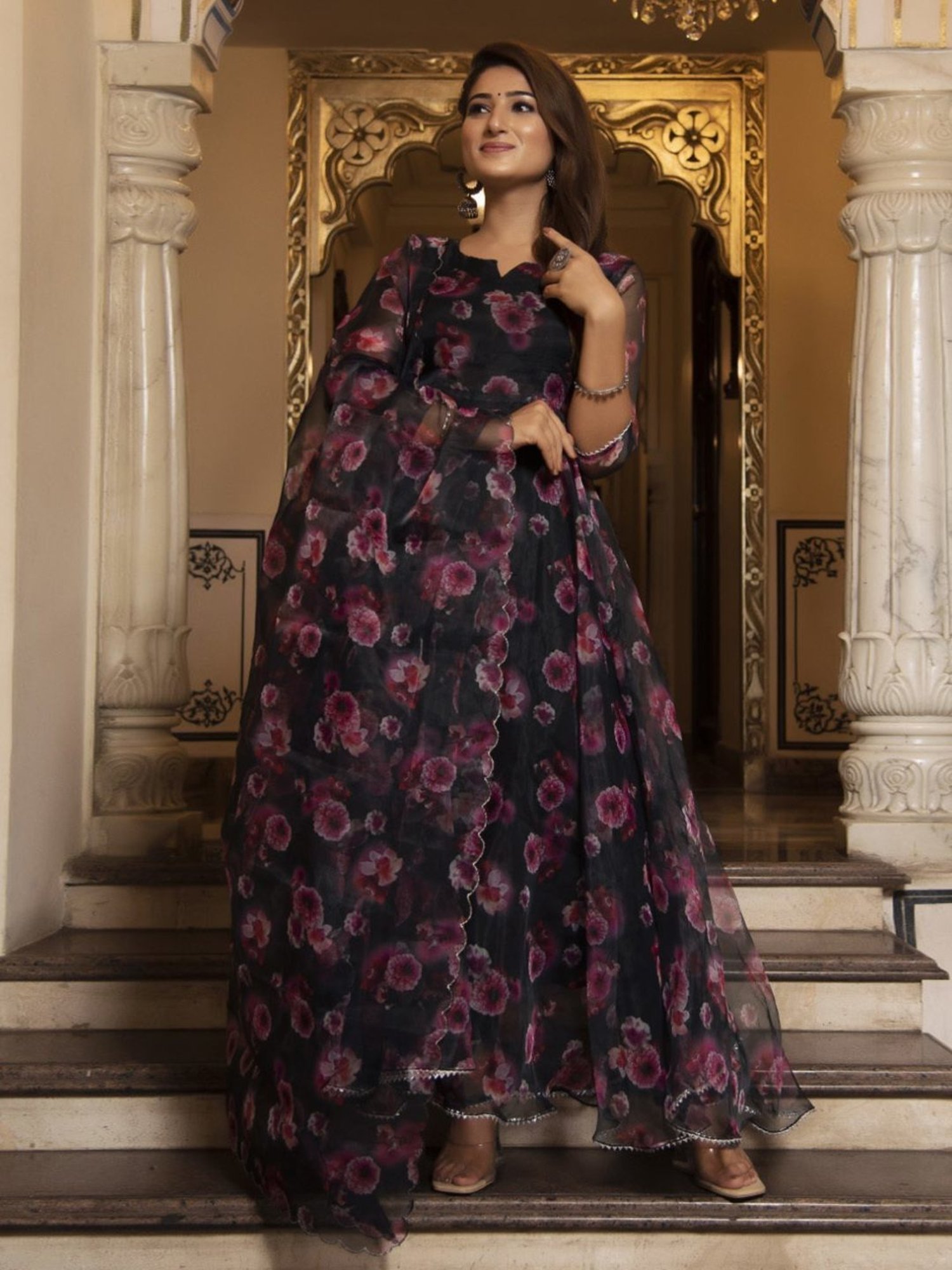 Calmna Black and Pink Floral Organza Anarkali Suit Set