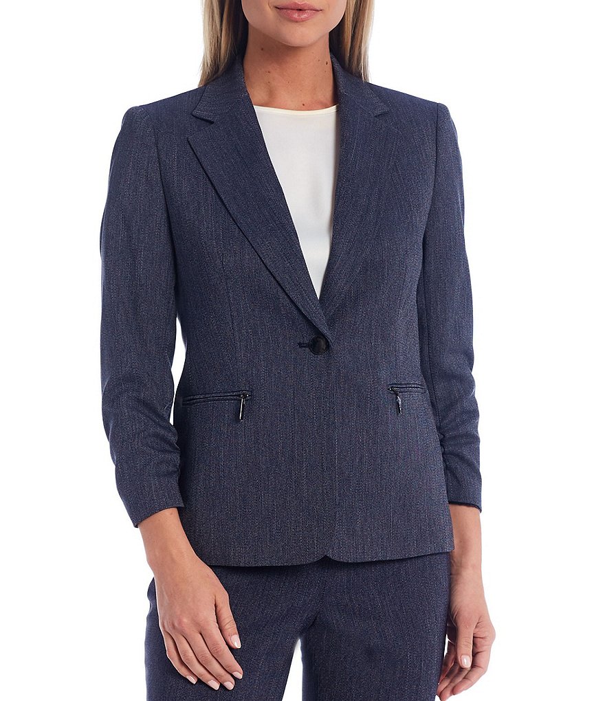 Kasper Ruched Sleeve Zip Pocket One Button Two Way Stretch Denim Jacket