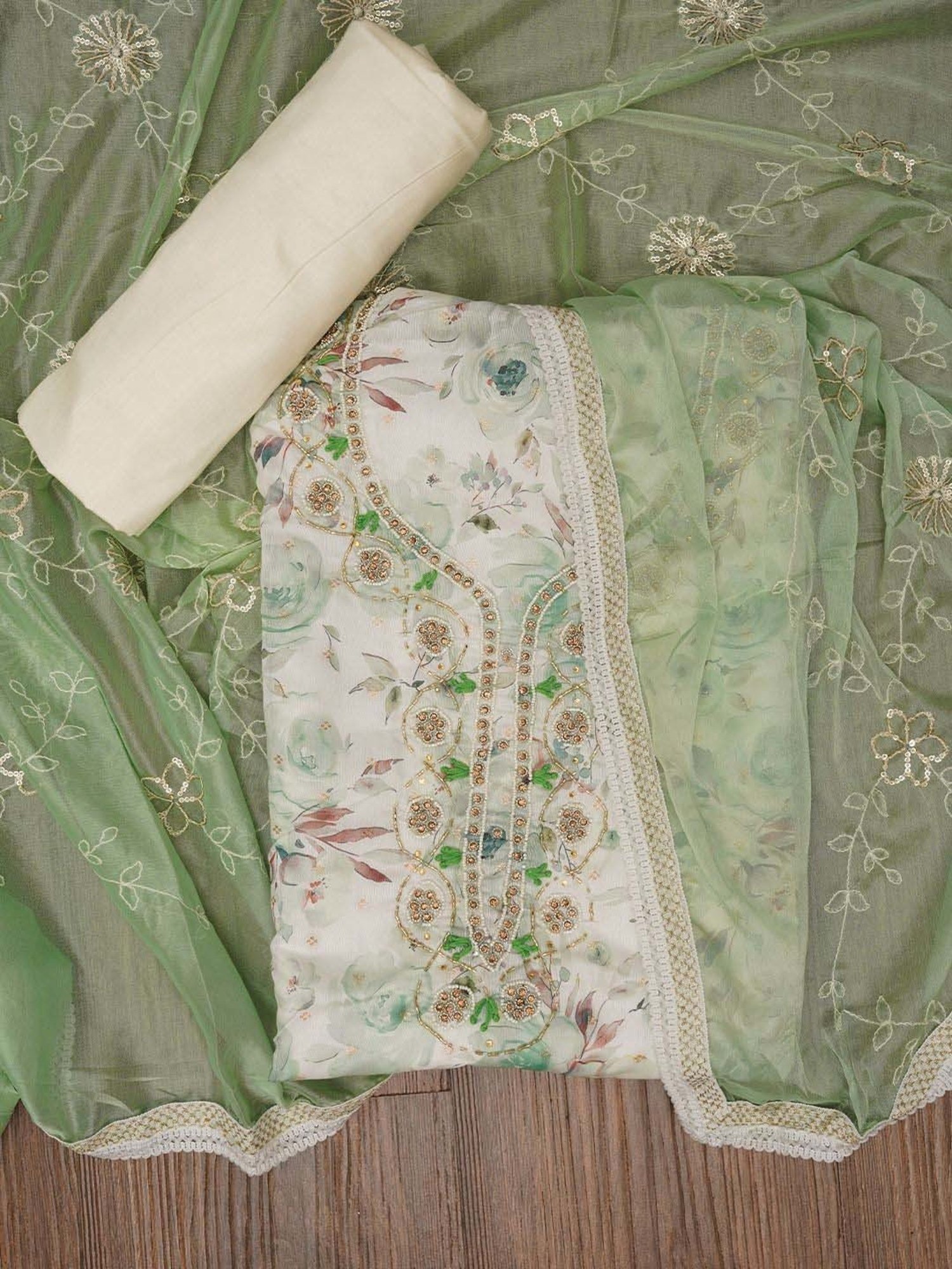 Jaipur Kurti White & Green Embellished Unstitched Dress Material