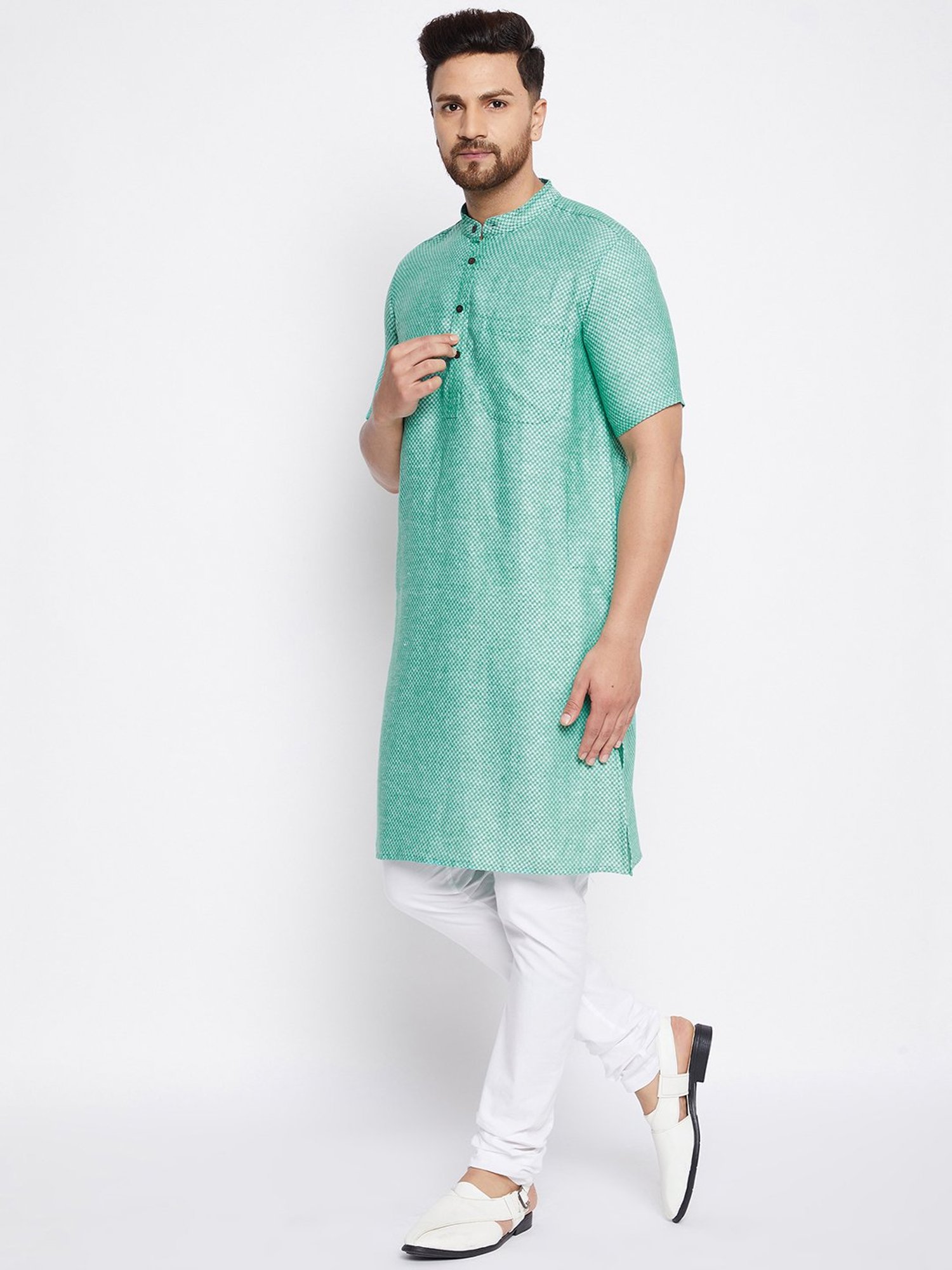 Even Green Self Design Mandarin Collar Kurta