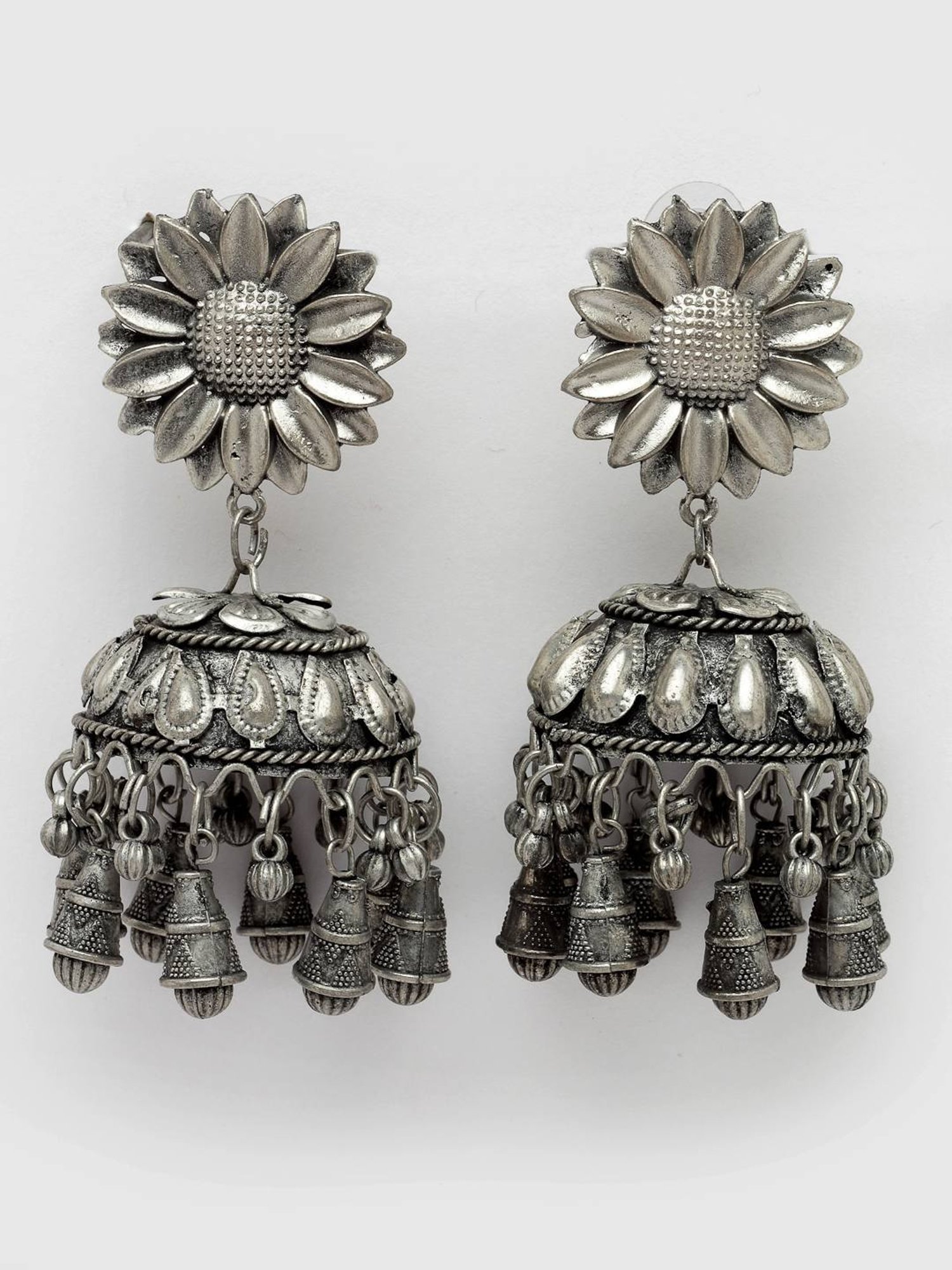 Moedbuille Handcrafted Tasselled Floral Design Oxidised Silver Plated Antique Tribal Earrings