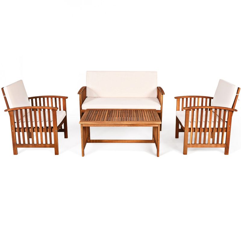 Costway 4PCS Patio Solid Wood Furniture Set Conversation Coffee Table W/White Cushion