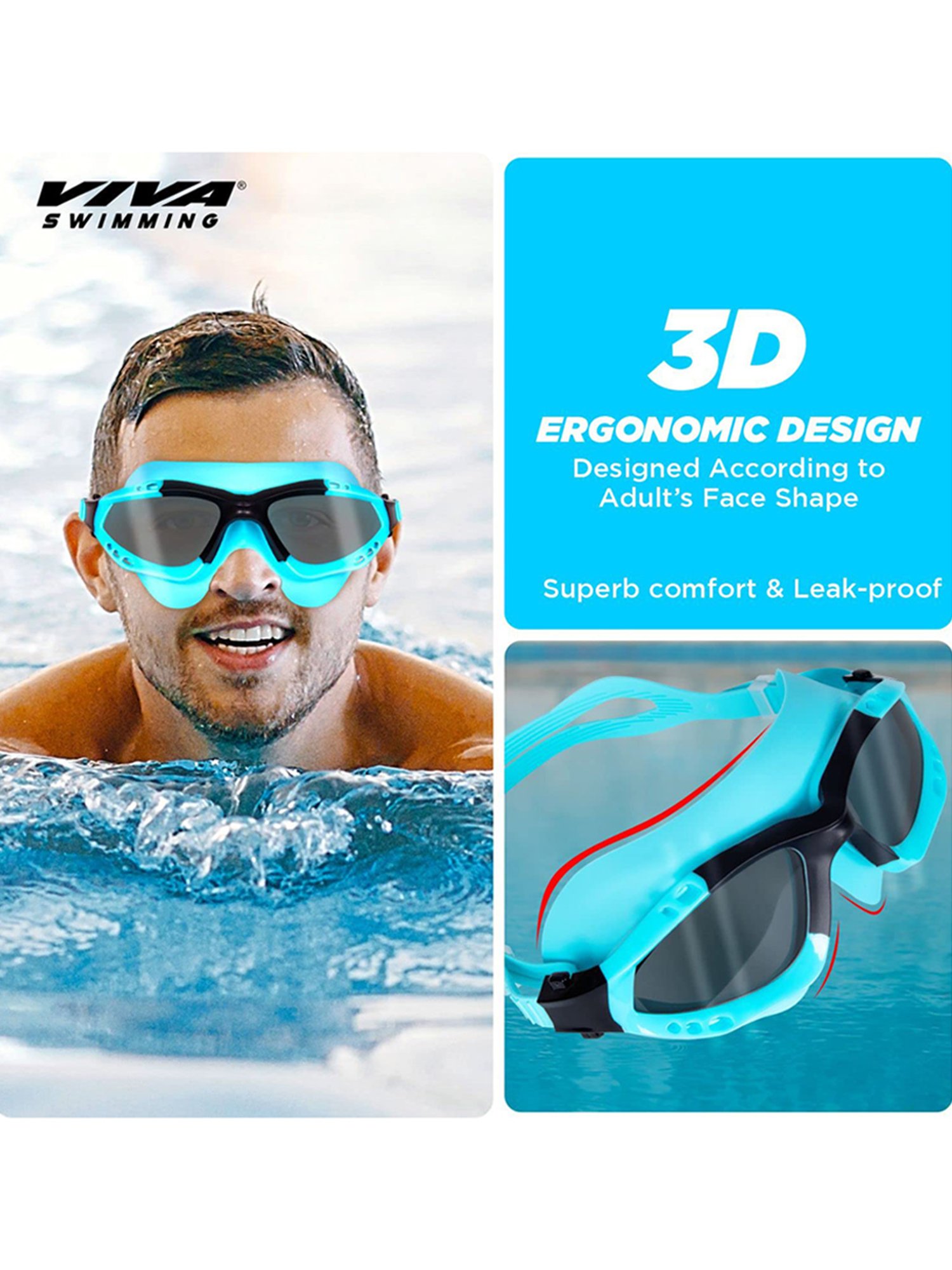 Viva Swimming Anti Fog UV Protection Discovery Mask Goggle Comfortable Cushioned (Blue)