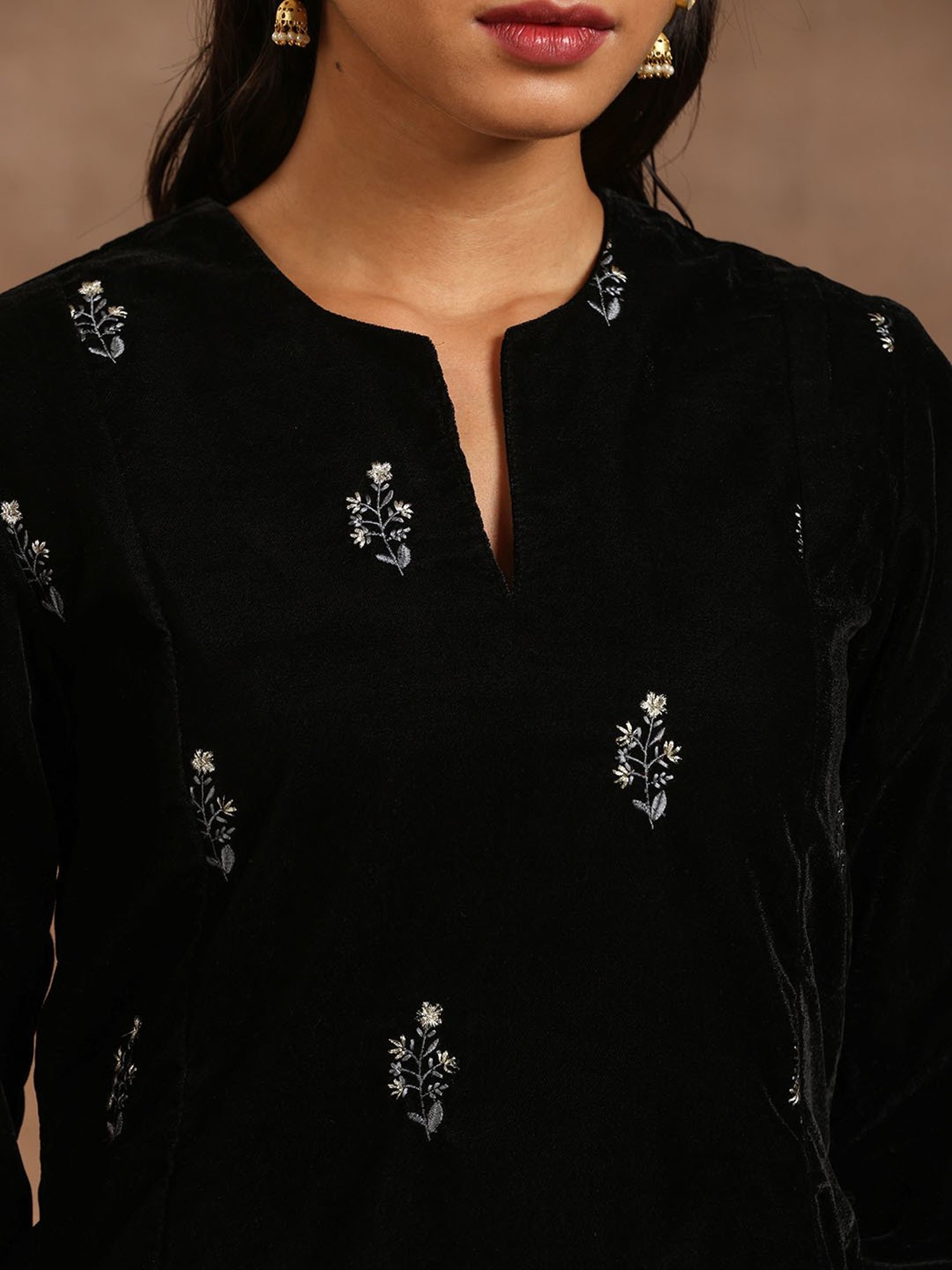 true Browns Black Velvet Embroidered Kurta Pant Set