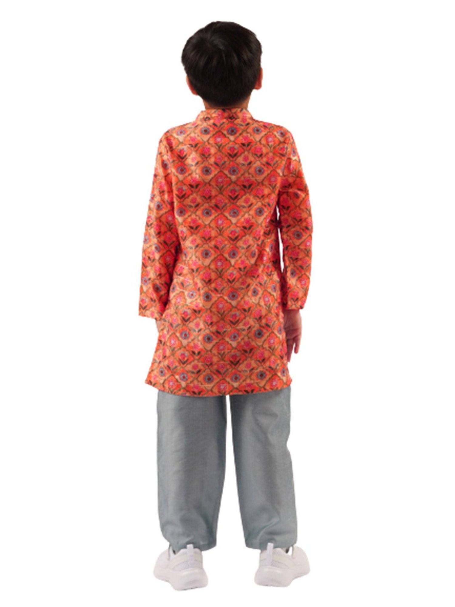 Lil Drama Kids Orange & Grey Floral Print Full Sleeves Kurta With Pyjamas