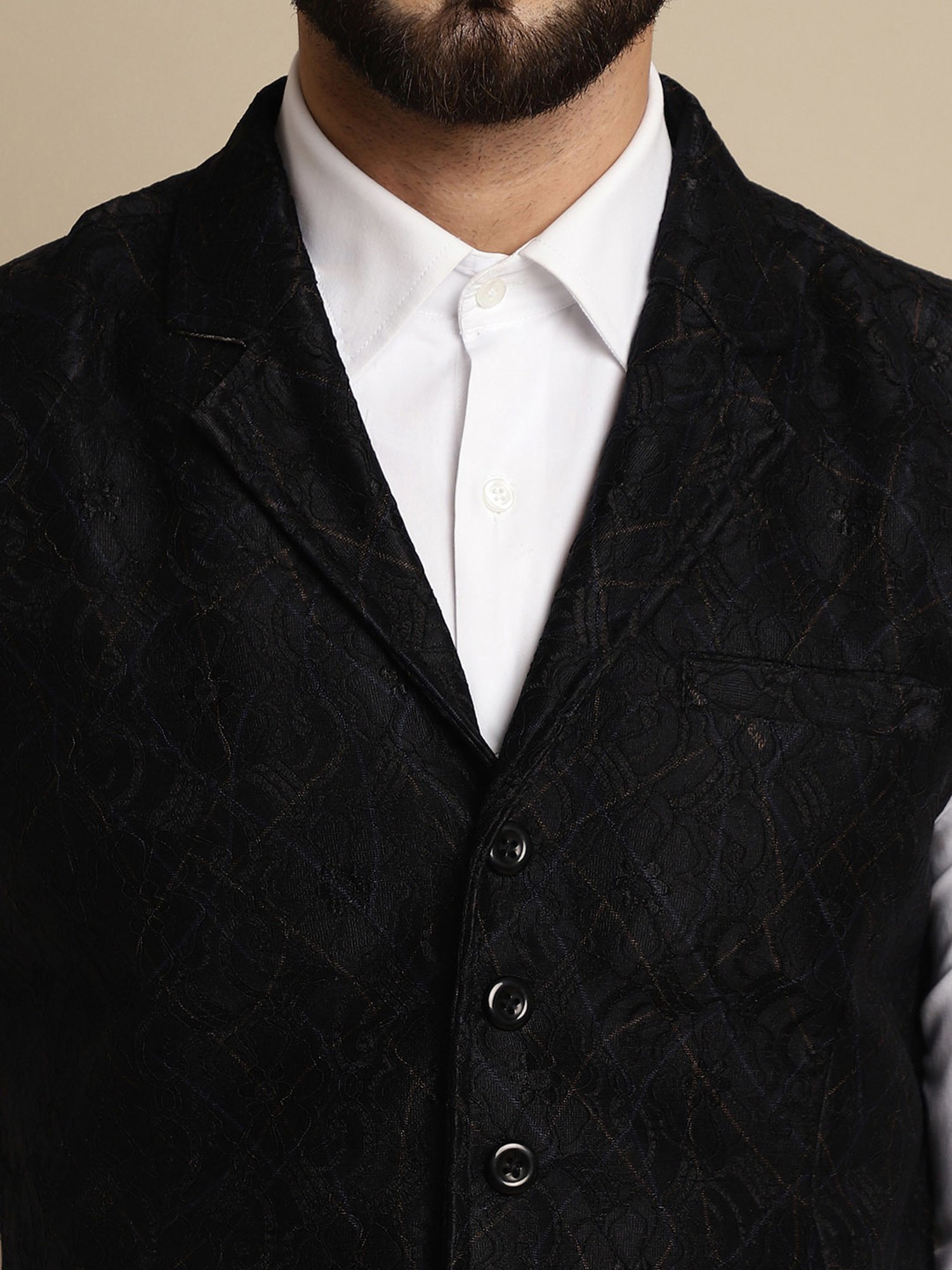 Even Black Regular Fit Embroidered Notch Lapel Waistcoat