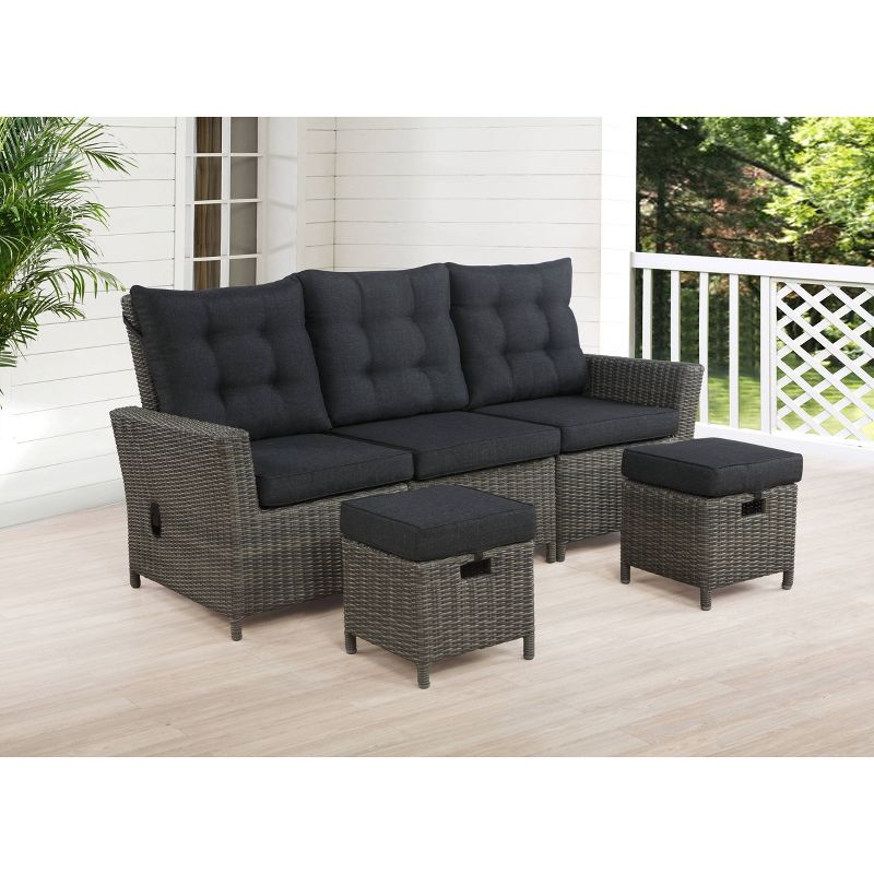 Asti 3pc Wicker Outdoor Seating Set with Reclining Sofa & 2 15" Ottomans - Gray - Alaterre Furniture